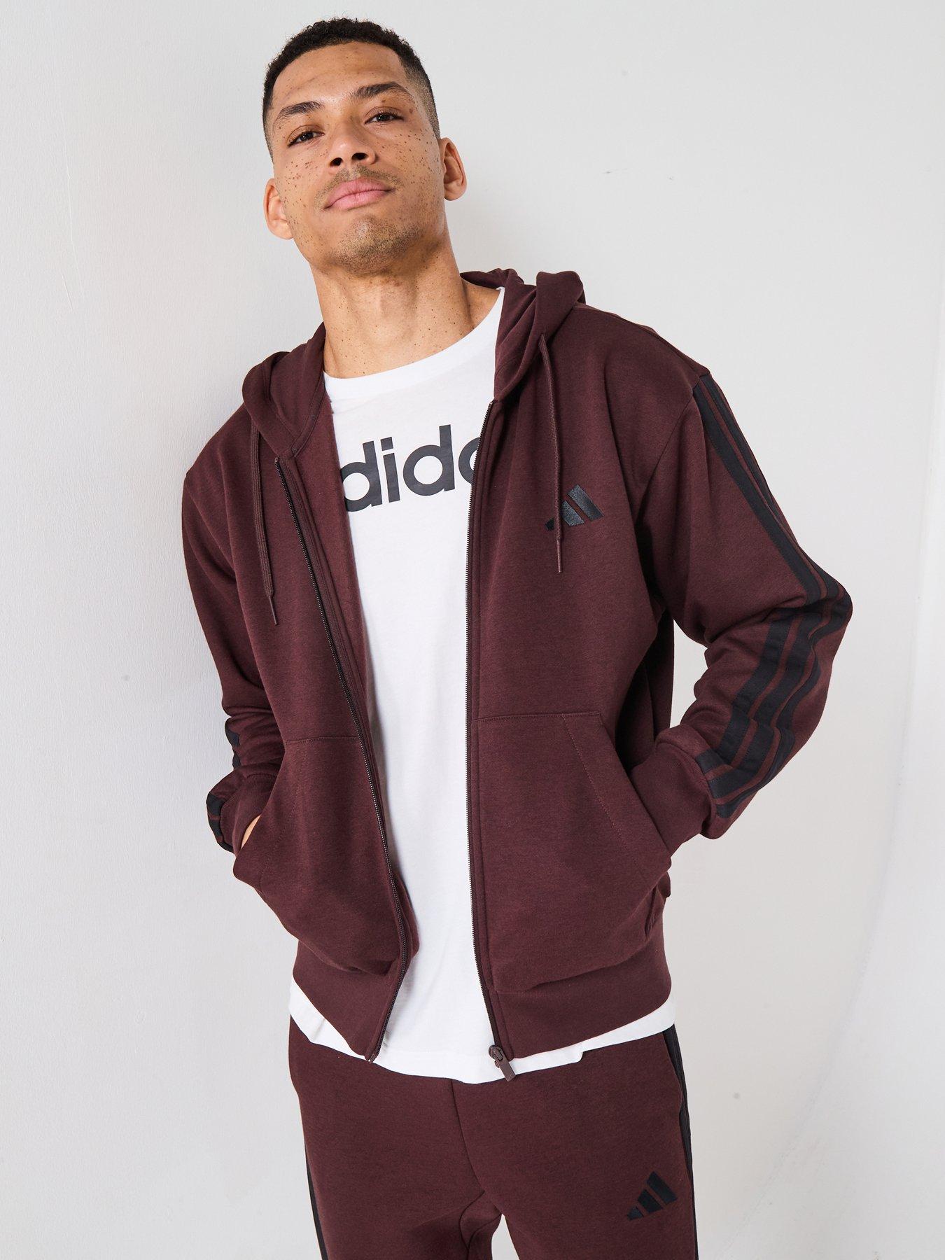 adidas-sportswear-mens-essential-3-stripes-fleece-hoodie-brownfront