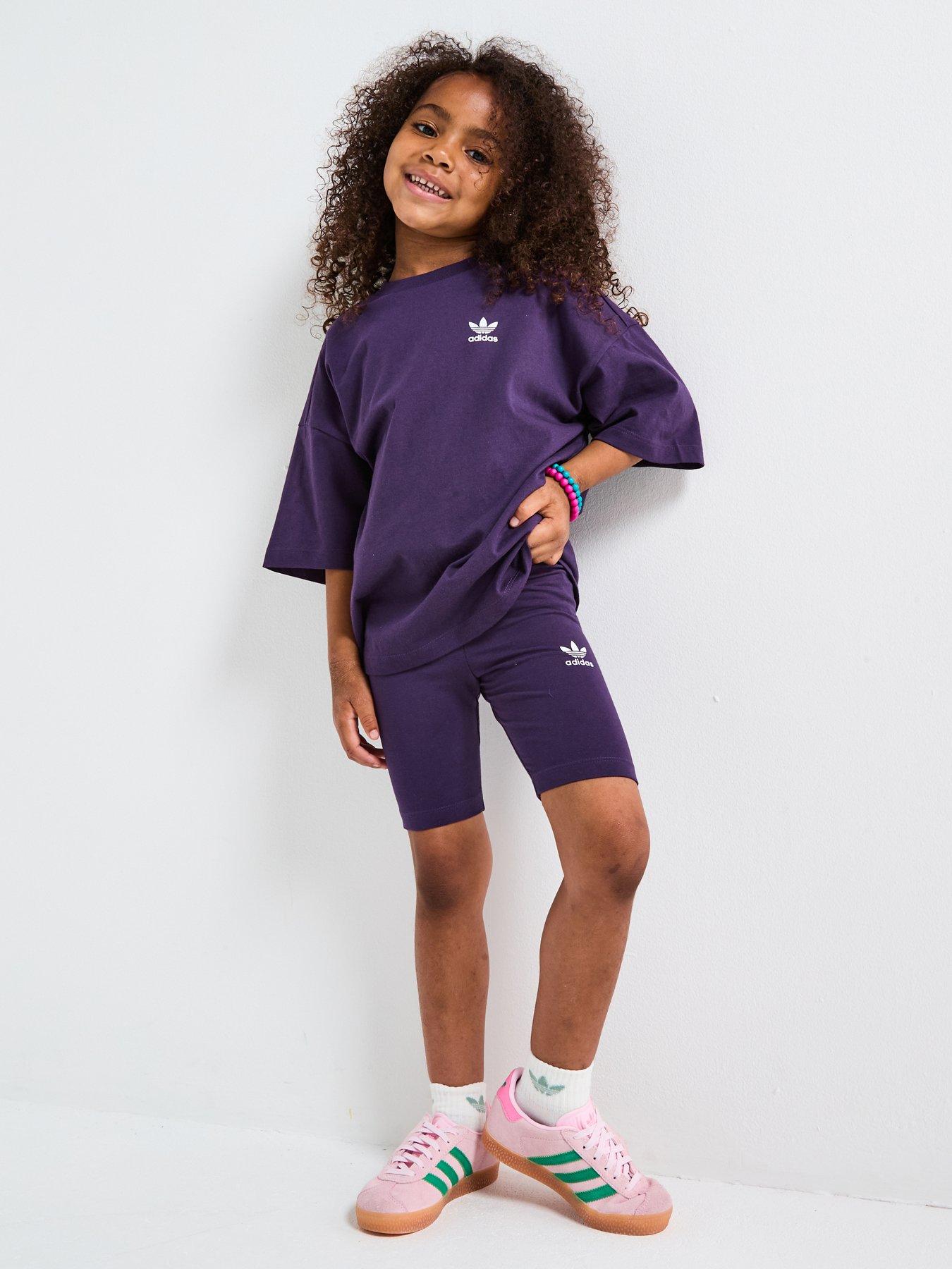 adidas Originals Kids Girls Trefoil Essentials Cycling Shorts And Tee Set - Purple