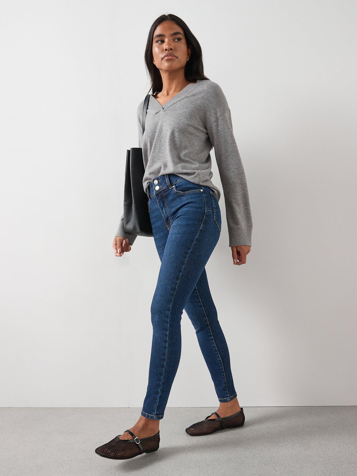 Image 3 of 7 of The Very Collection Shaping Double Button Skinny Jeans - Dark Wash