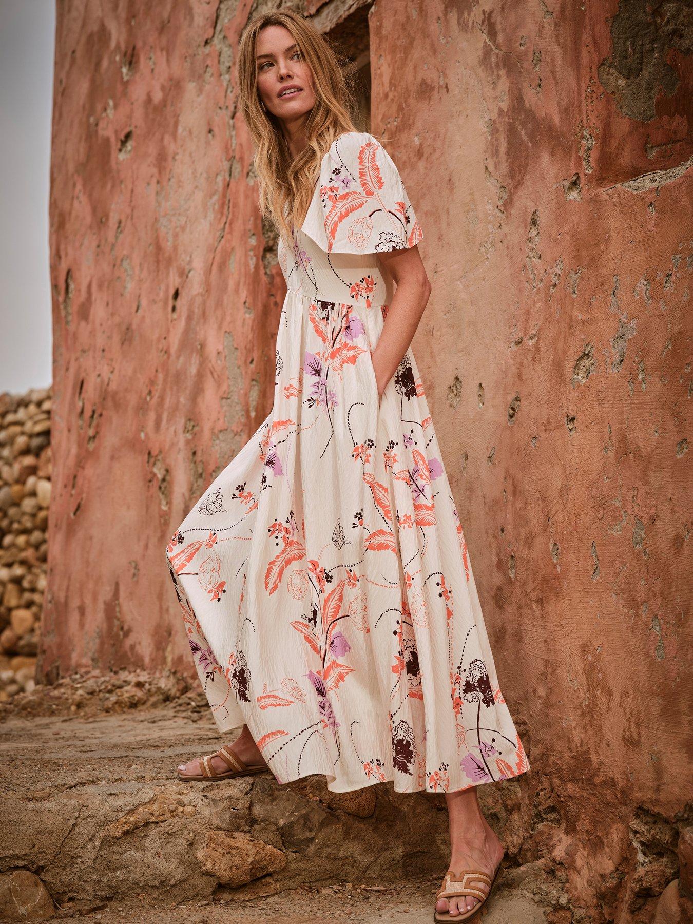 Image of FatFace Marlow Flute Sleeve Dress - Beige