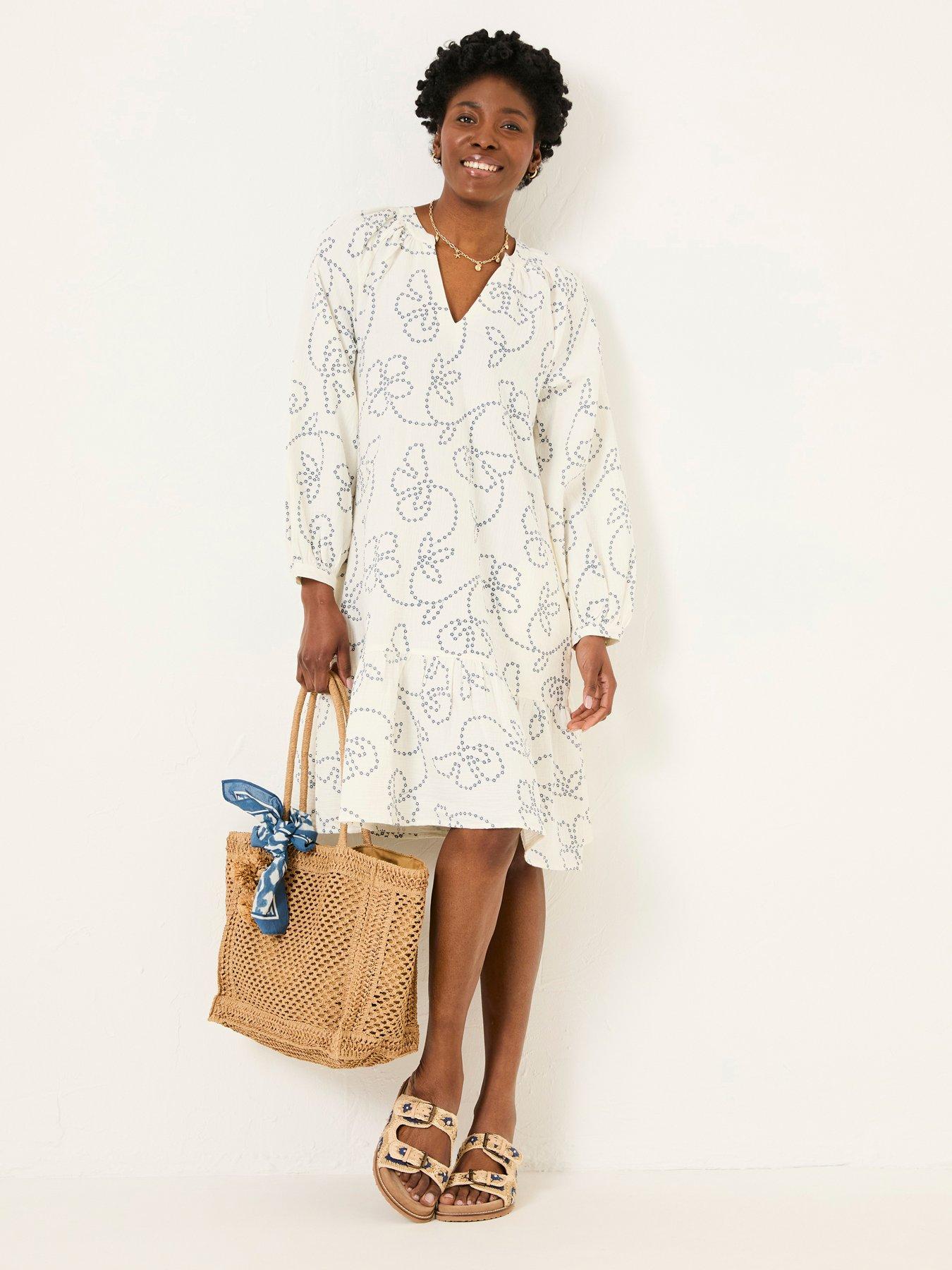 Image 1 of 6 of FatFace Frill Emb Tunic Dress - White