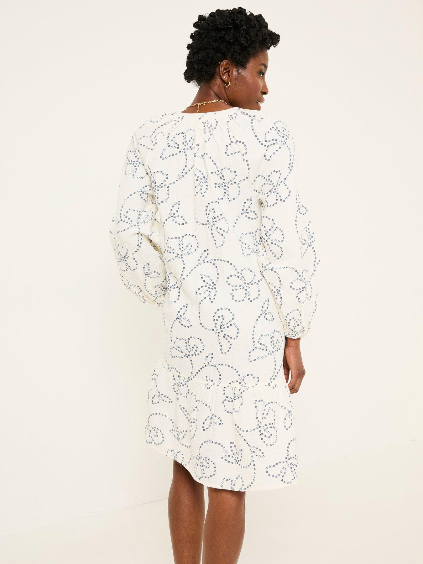 Image 2 of 6 of FatFace Frill Emb Tunic Dress - White