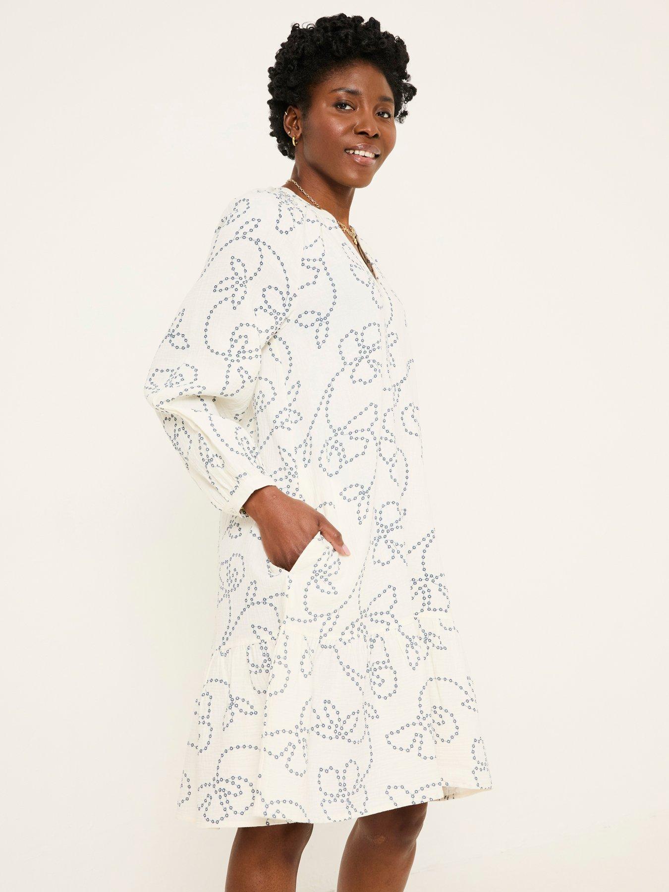 Image 3 of 6 of FatFace Frill Emb Tunic Dress - White
