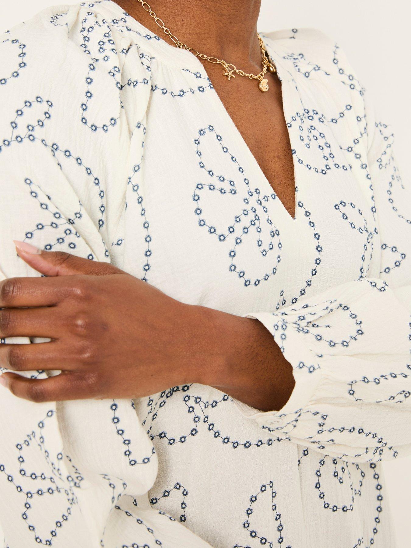Image 4 of 6 of FatFace Frill Emb Tunic Dress - White