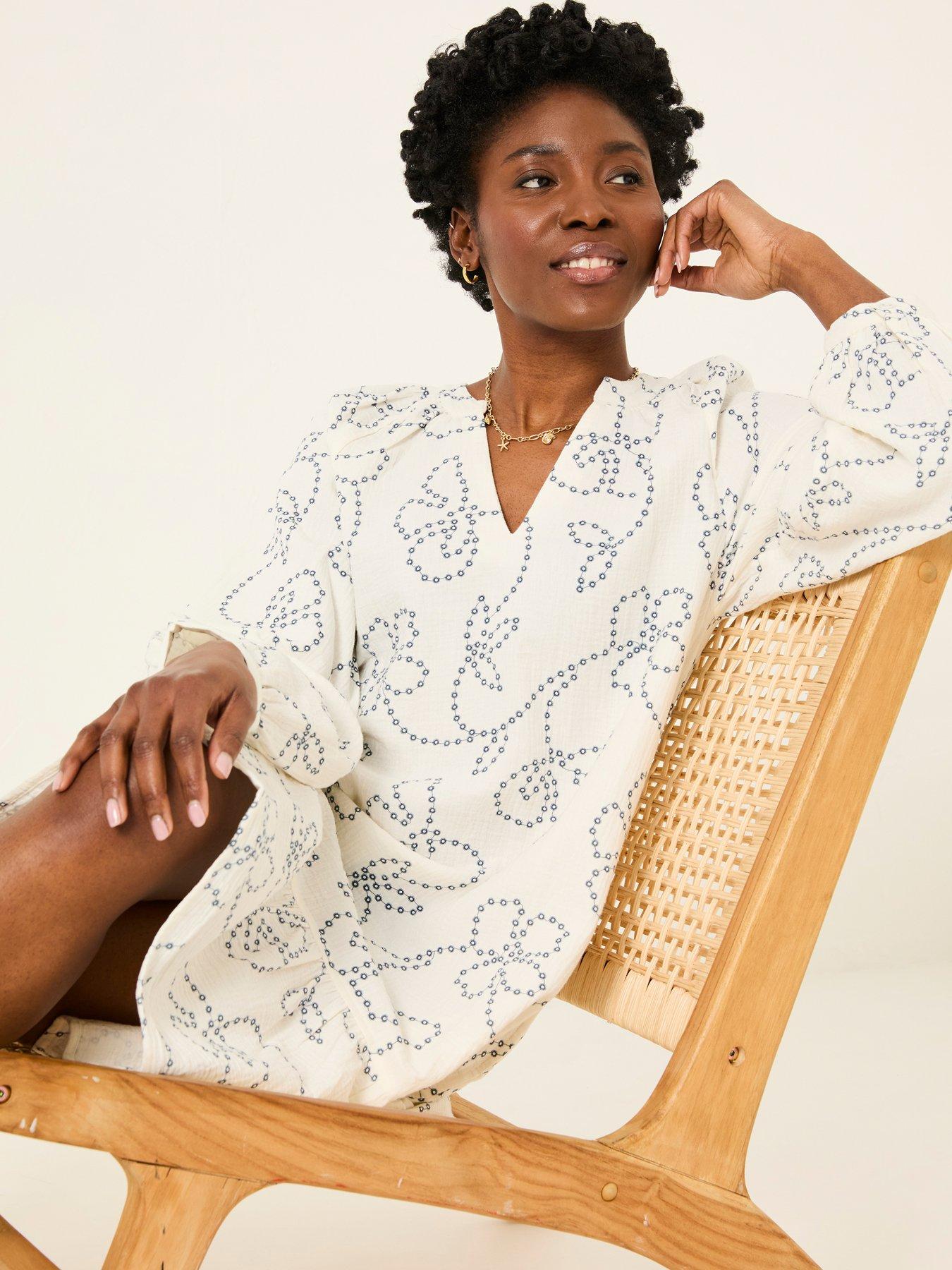 Image 5 of 6 of FatFace Frill Emb Tunic Dress - White