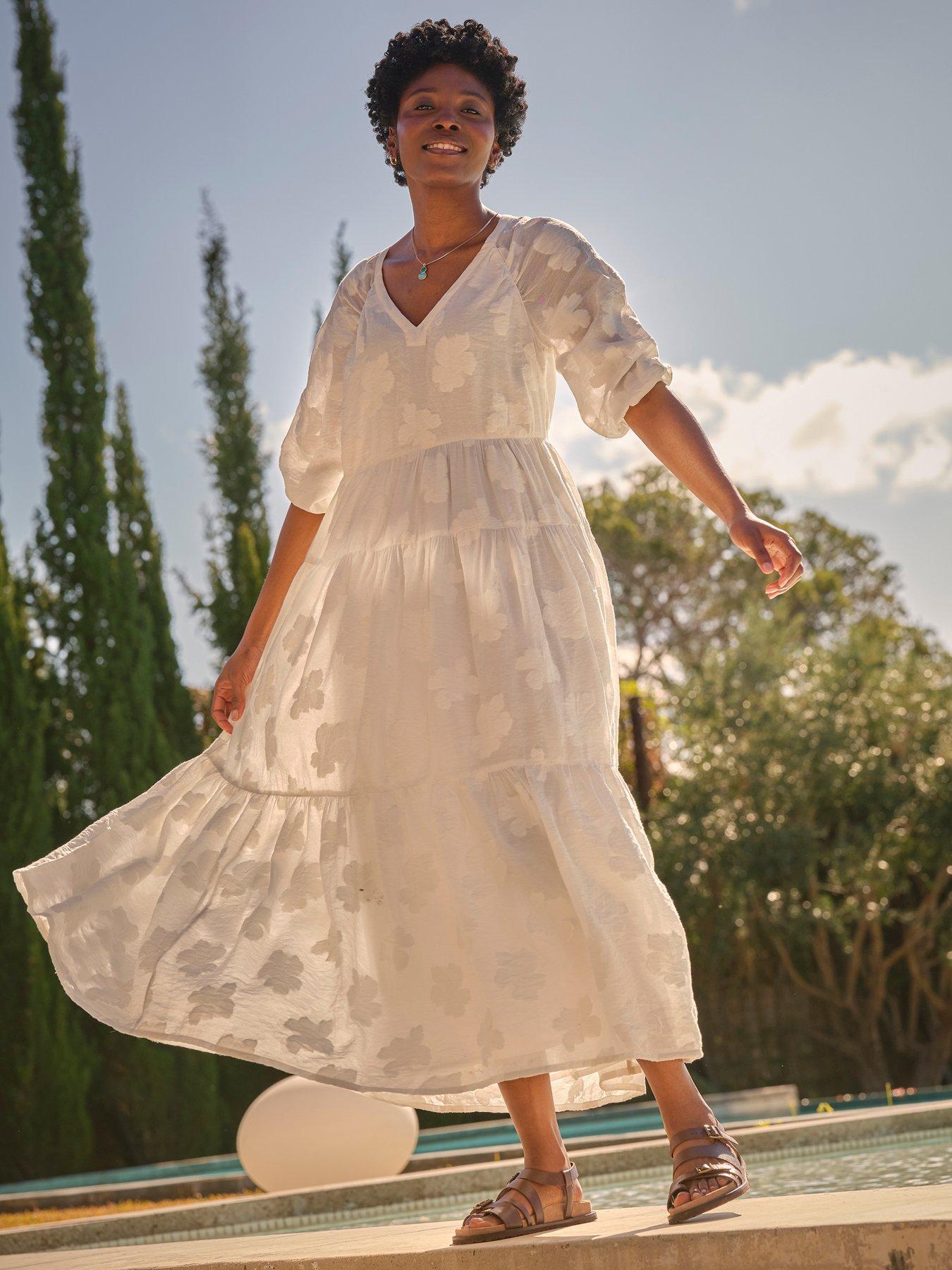 Image 1 of 5 of FatFace Jacquard Dress - White