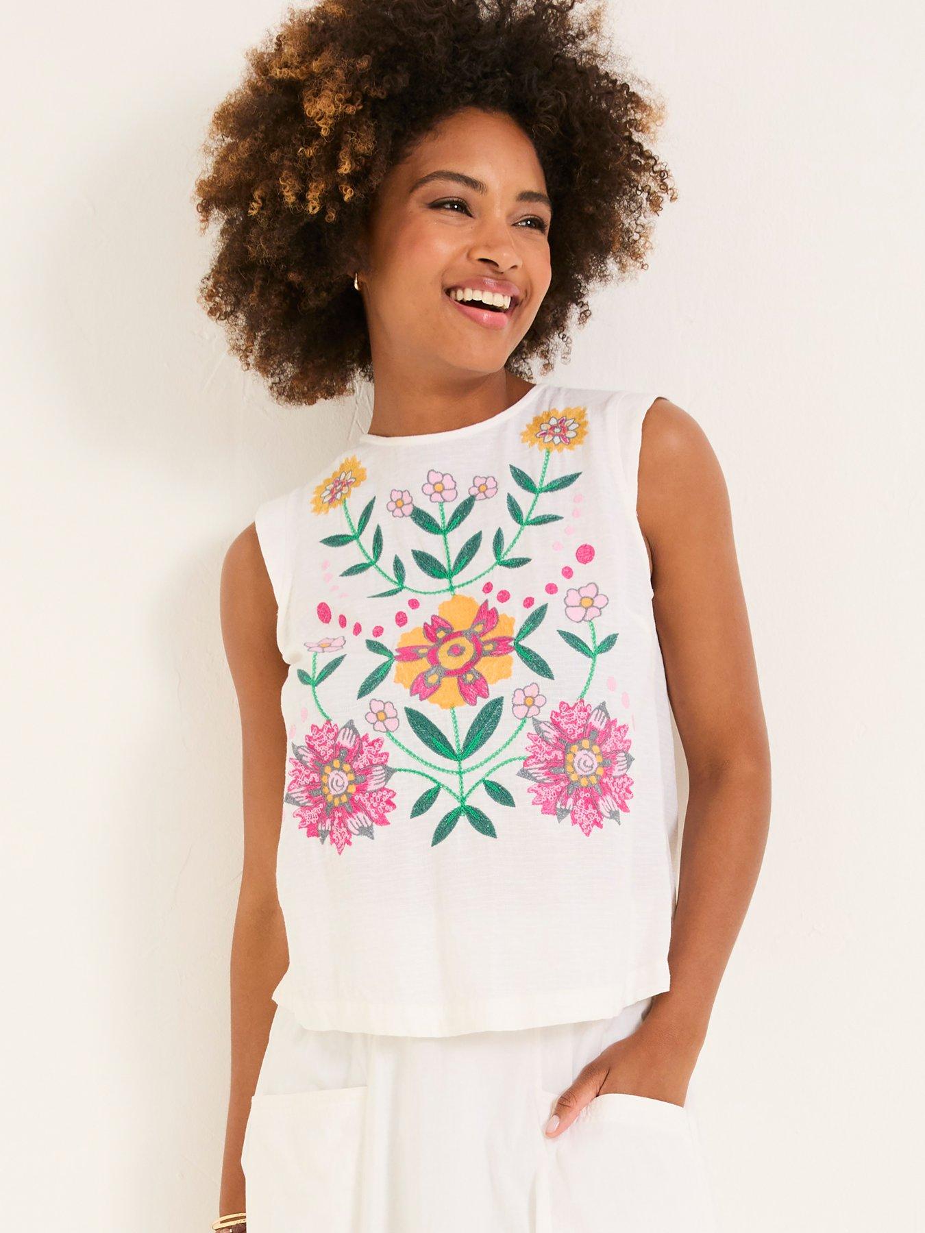 Image 1 of 6 of FatFace Fliss Embroidered Cami - White
