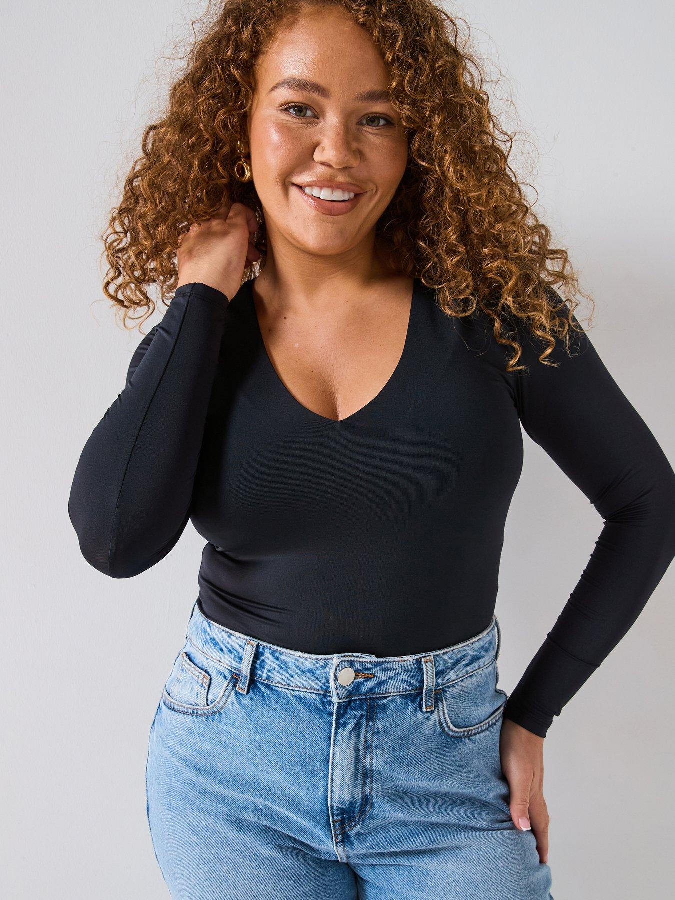 V by Very Curve Soft Touch Long Sleeve Bodysuit - Black