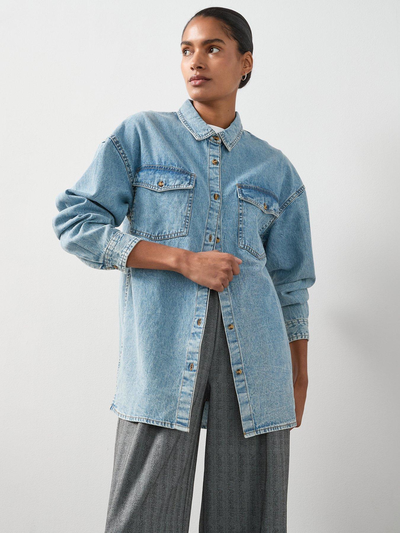 undefined Longline Denim Shirt - Mid Wash