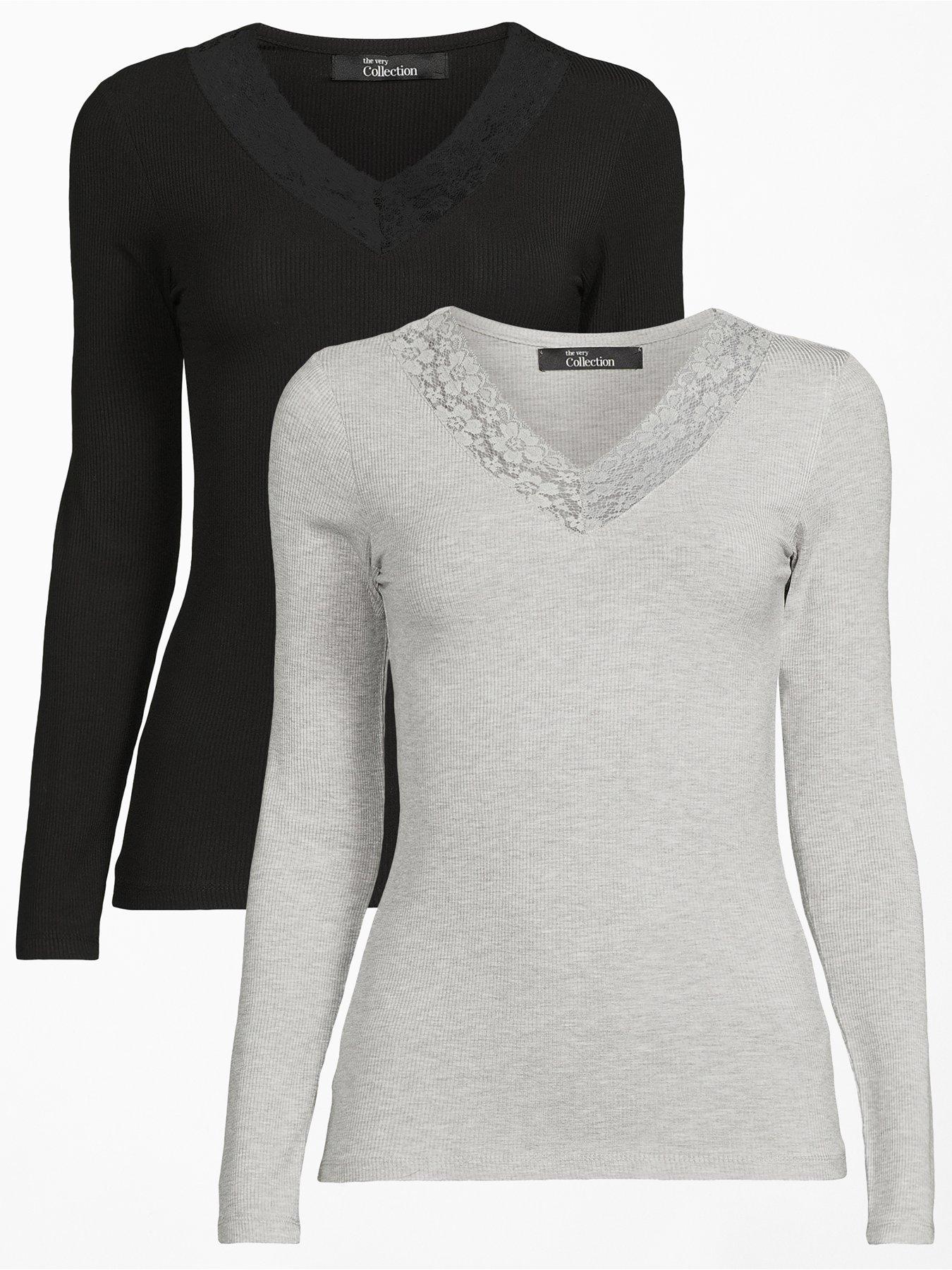 The Very Collection 2 Pack Lace Long Sleeve Layering Top - Black