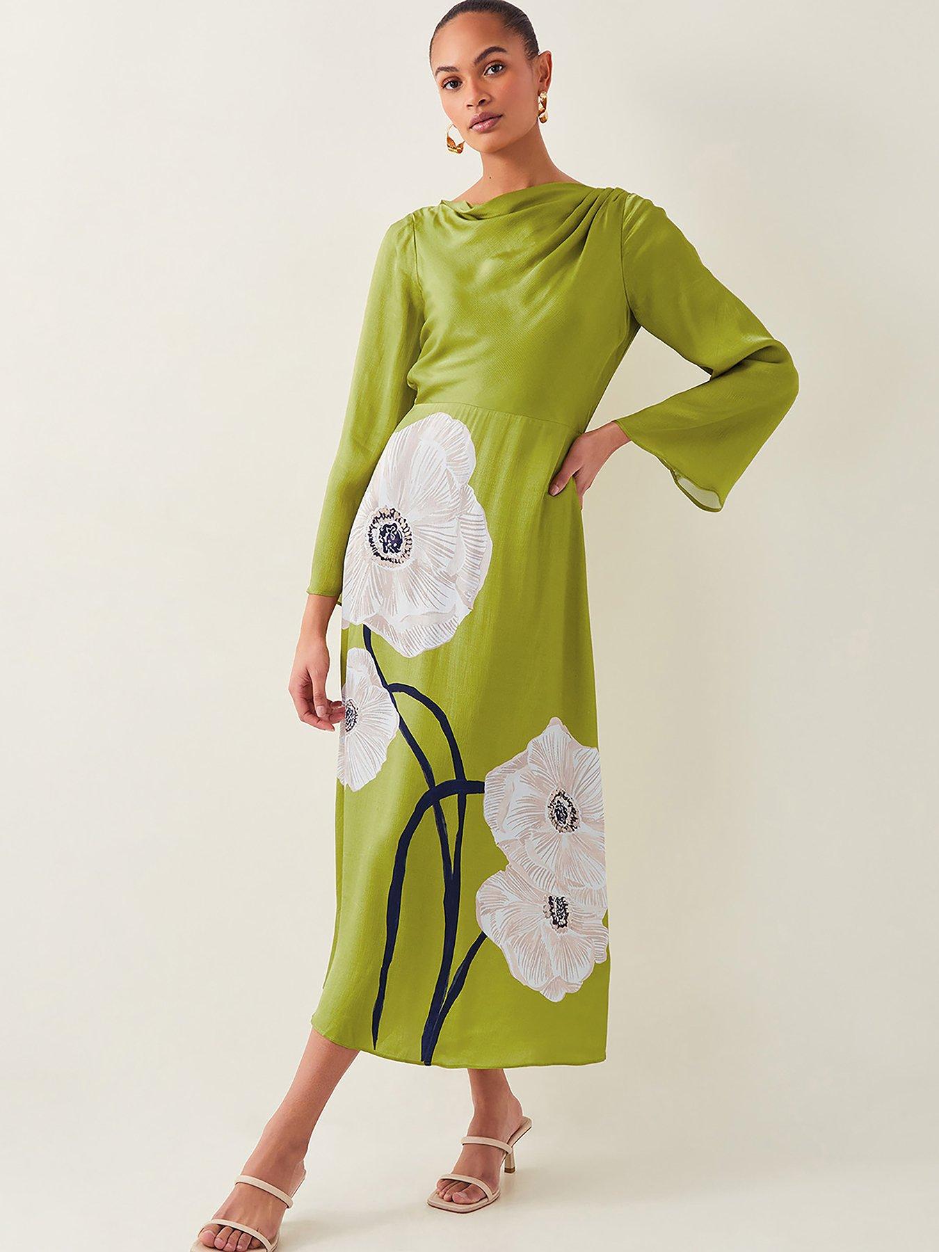 Image 1 of 5 of Monsoon Molly Floral Print Satin Dress - Green