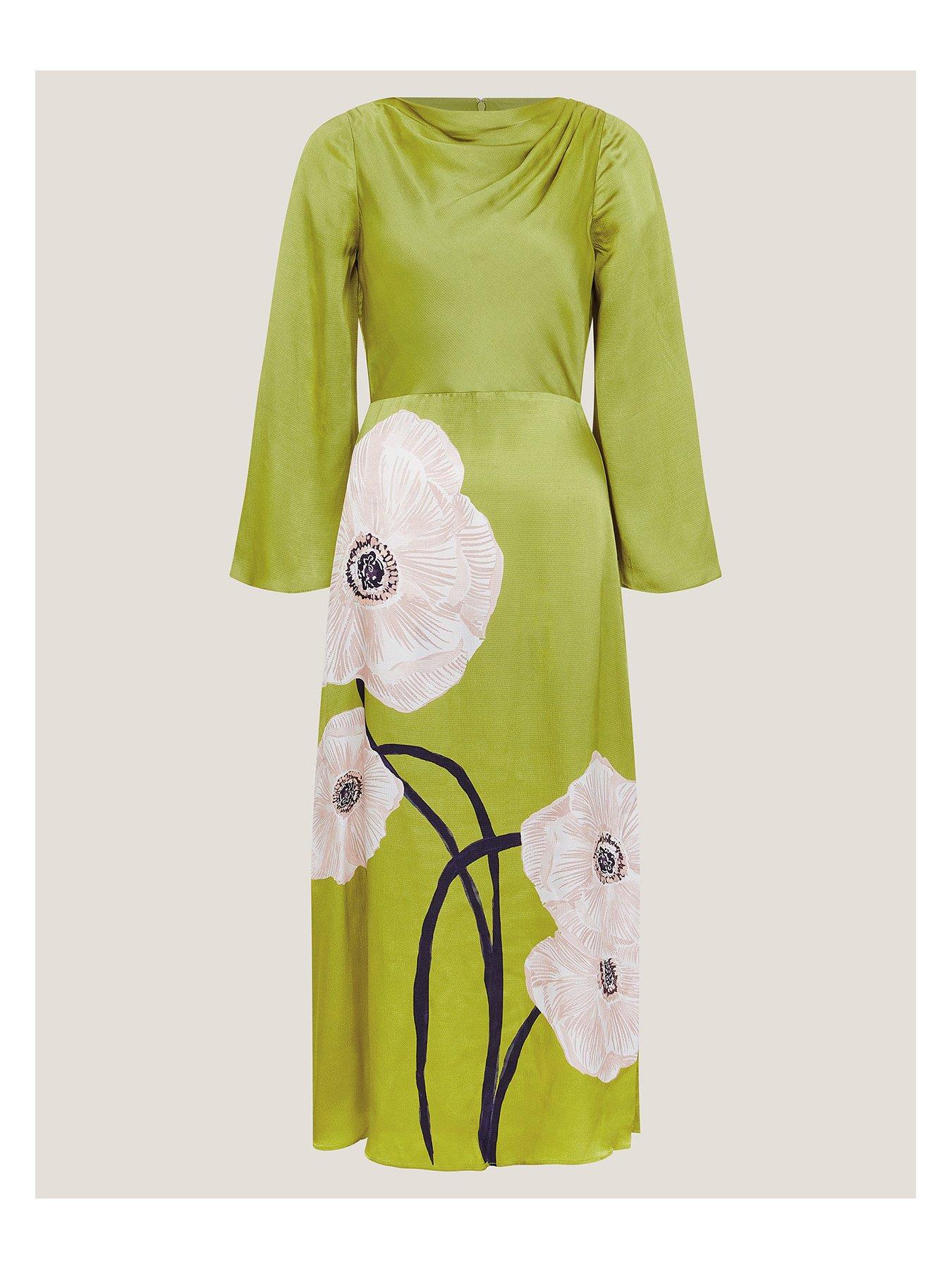 Image 3 of 5 of Monsoon Molly Floral Print Satin Dress - Green