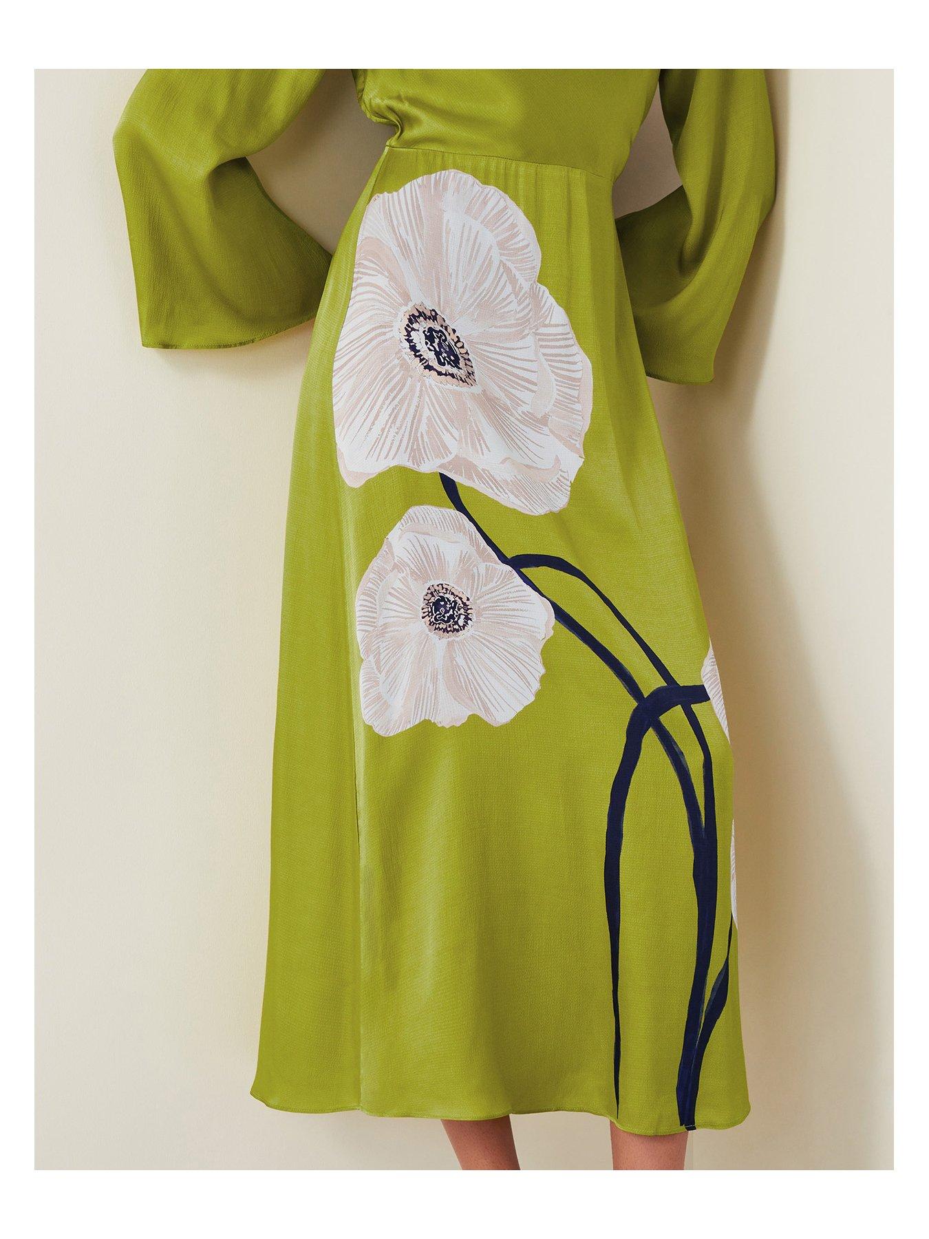 Image 4 of 5 of Monsoon Molly Floral Print Satin Dress - Green