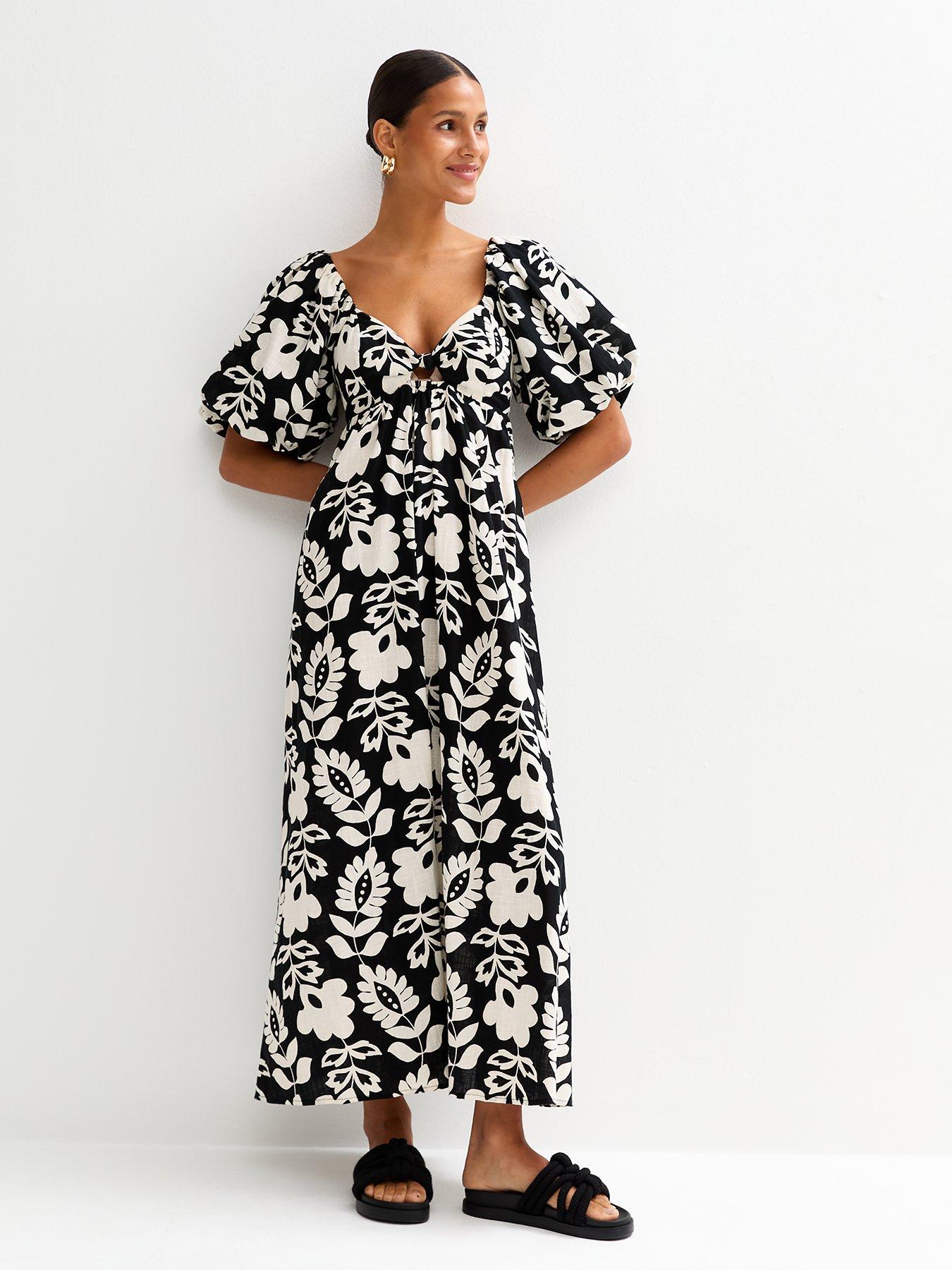 New Look Folk Floral Print Puff Sleeve Midi Dress - Black
