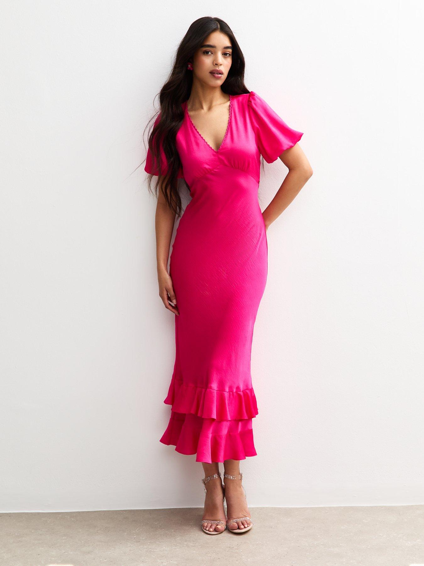 new look pink midi dress Pink Floral Print Milkmaid Midi Dress