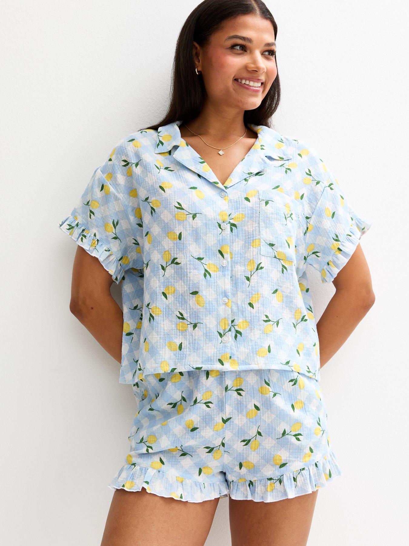 Image of New Look Blue Lemon Gingham Print Textured Revere Collar Pyjama Set