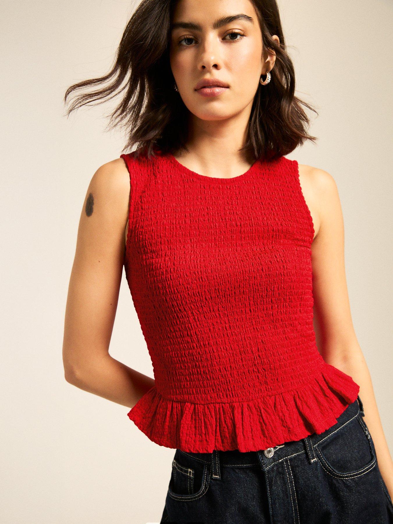 Image 1 of 4 of New Look Shirred Peplum Hem Top - Bright Red