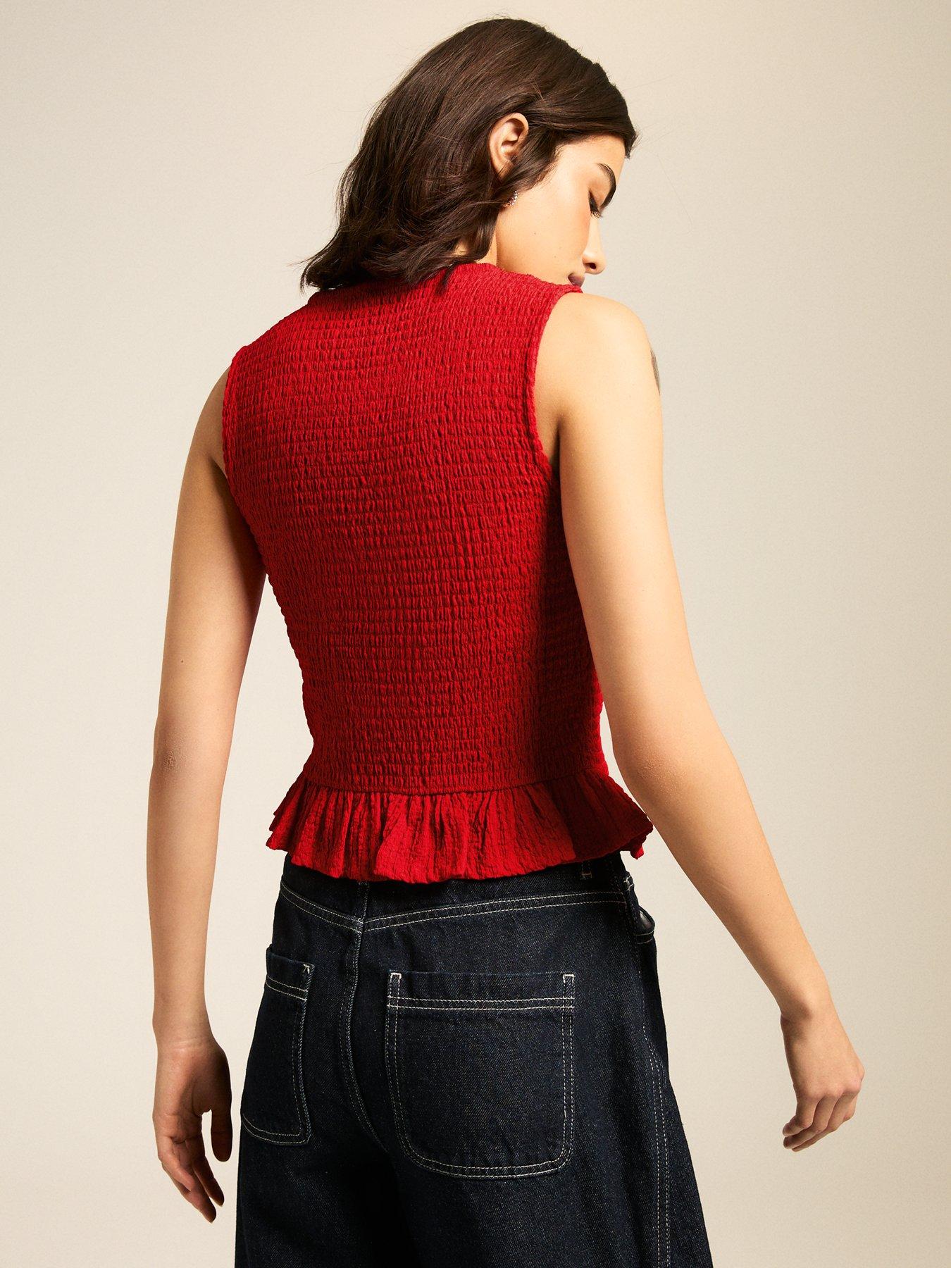 Image 2 of 4 of New Look Shirred Peplum Hem Top - Bright Red