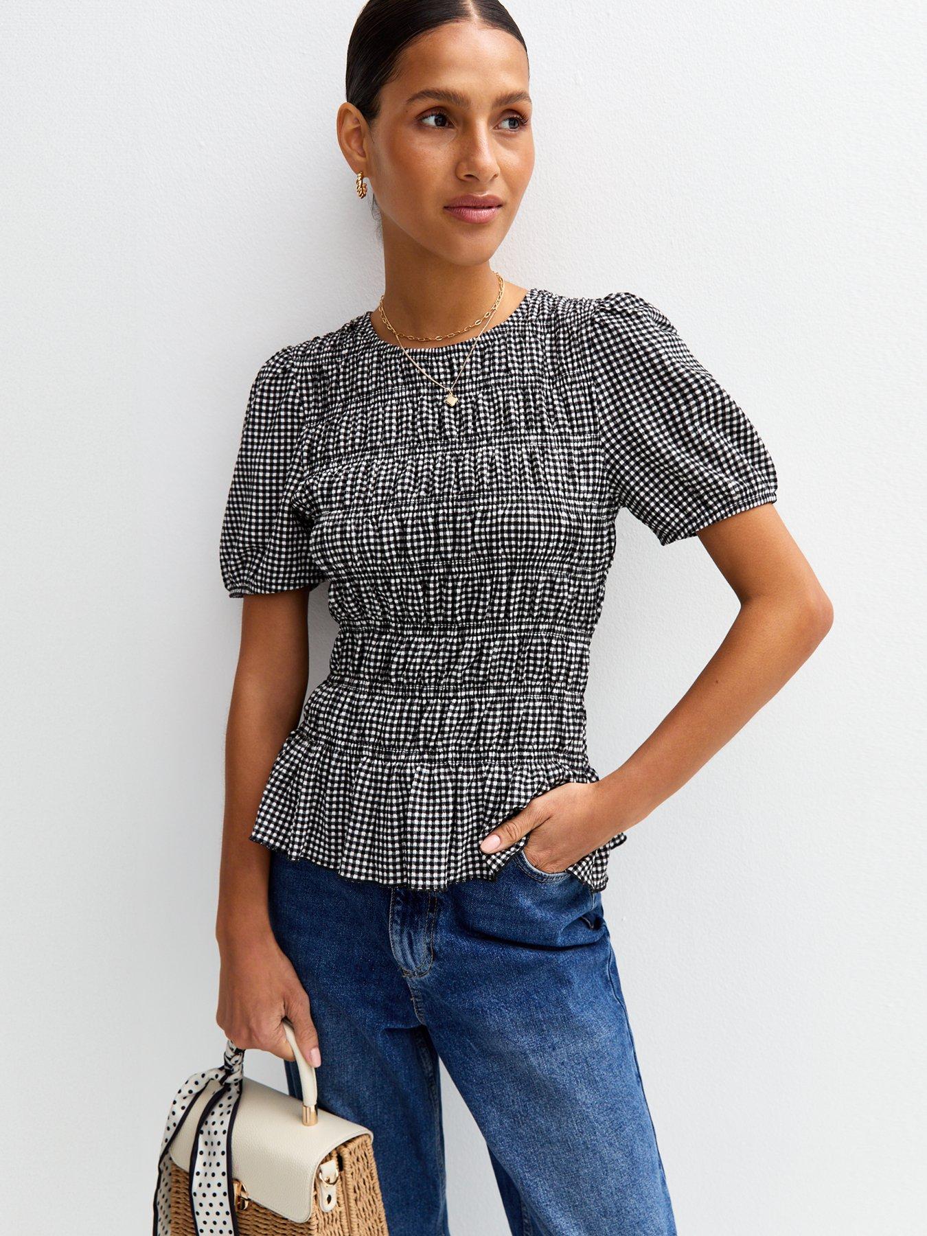 Image of New Look Gingham Checked Shirred Tiered Peplum Top - Black
