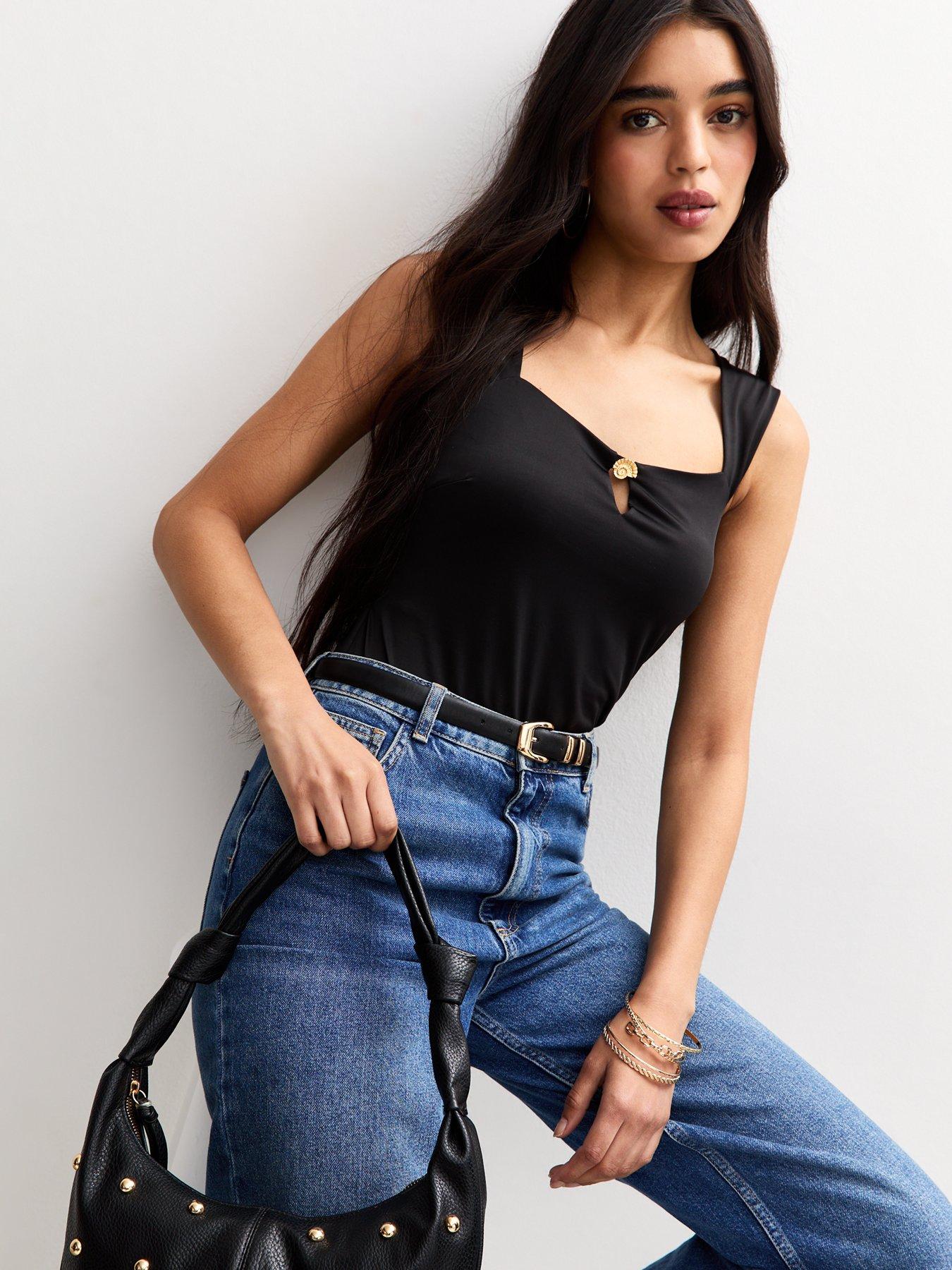 Image of New Look Shell Charm Square Neck Bodysuit - Black