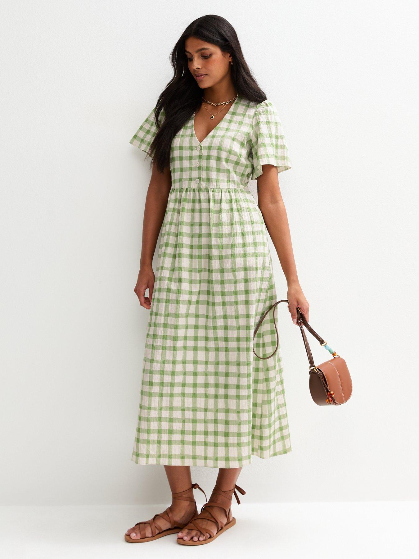 Image of New Look Gingham Check V-Neck Button Front Midi Dress - Green