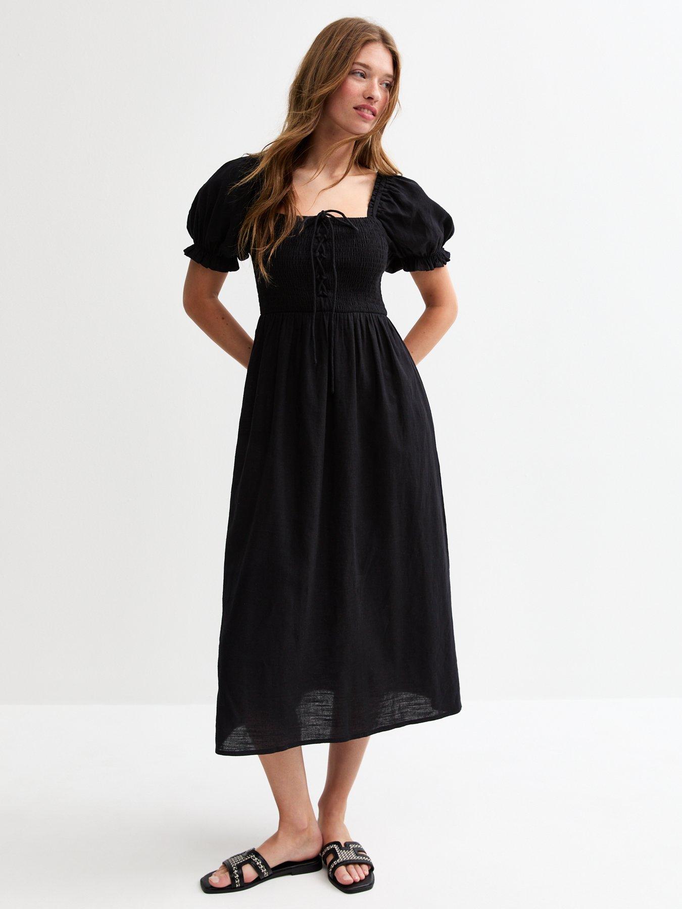 New Look Tie Front Shirred Midi Dress - Black