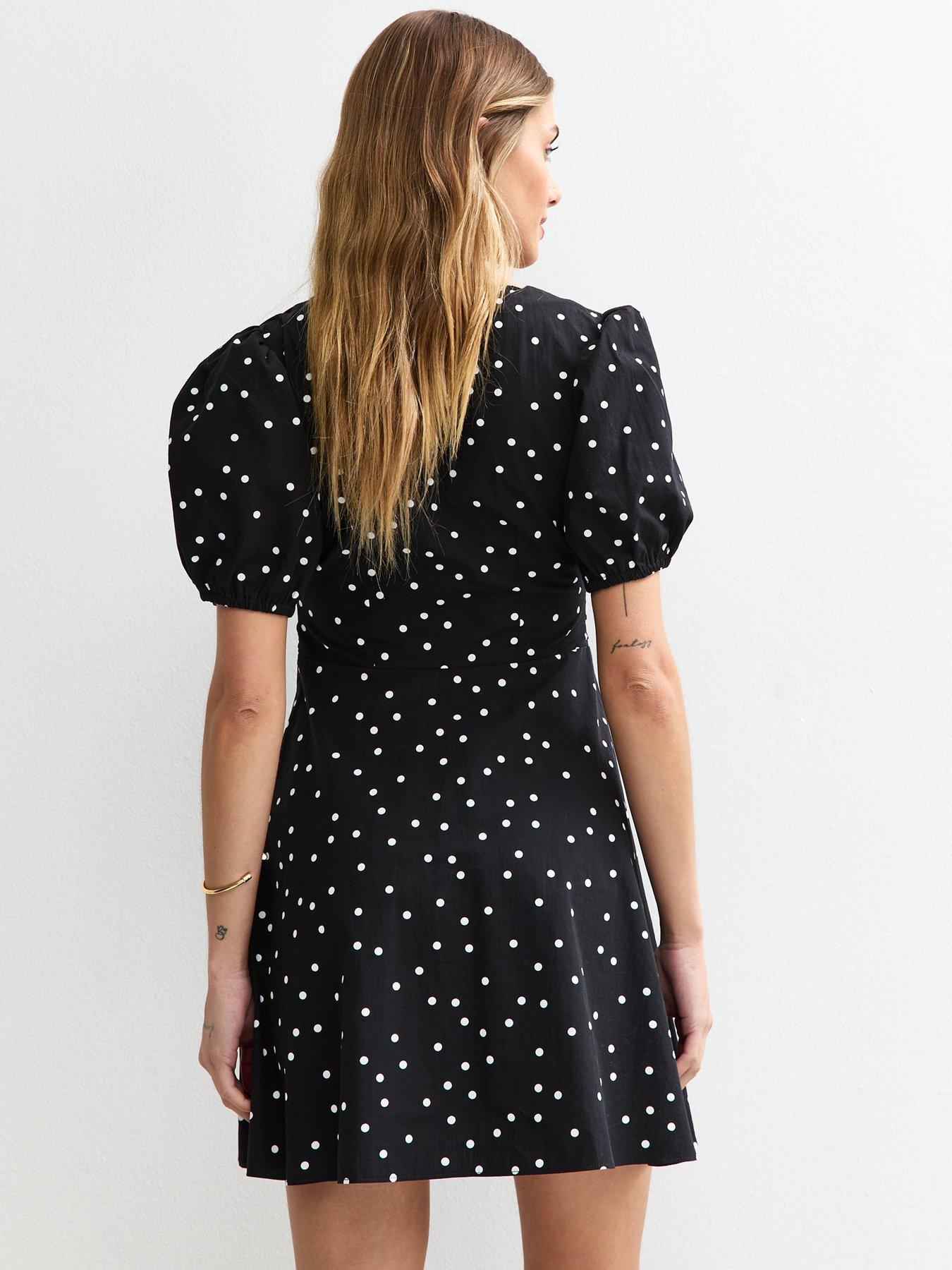 Image 2 of 4 of New Look Spot Print Bow Front Mini Dress - Black