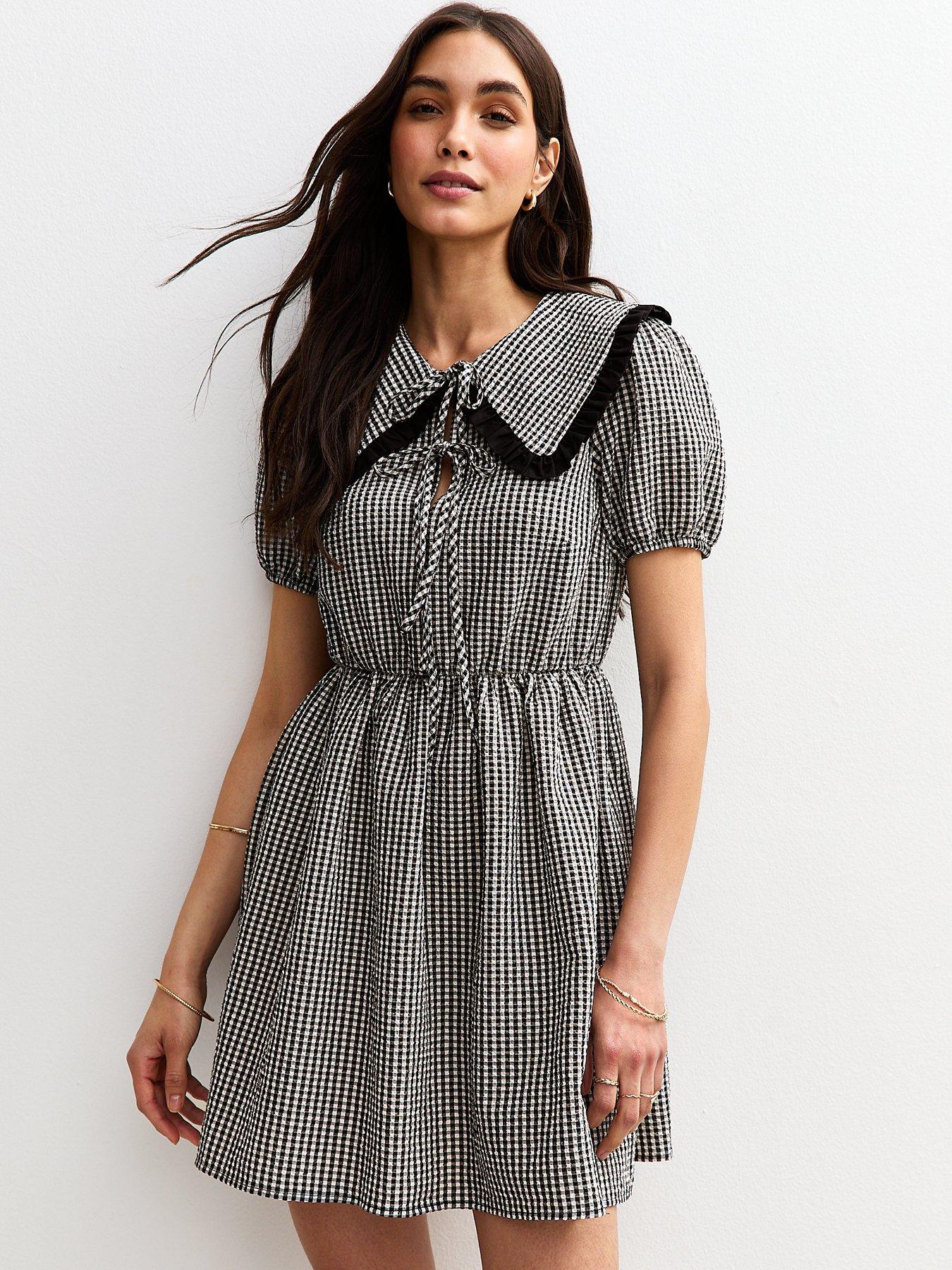New Look Georgie Gingham Collar Tie Front Mini Dress - Black
