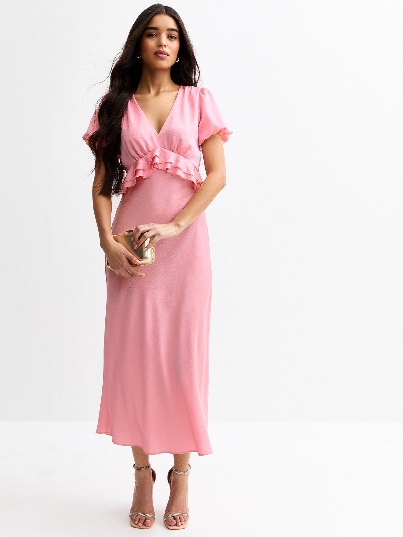 Image 1 of 4 of New Look V-Neck Satin Ruffled Midi Dress - Pink