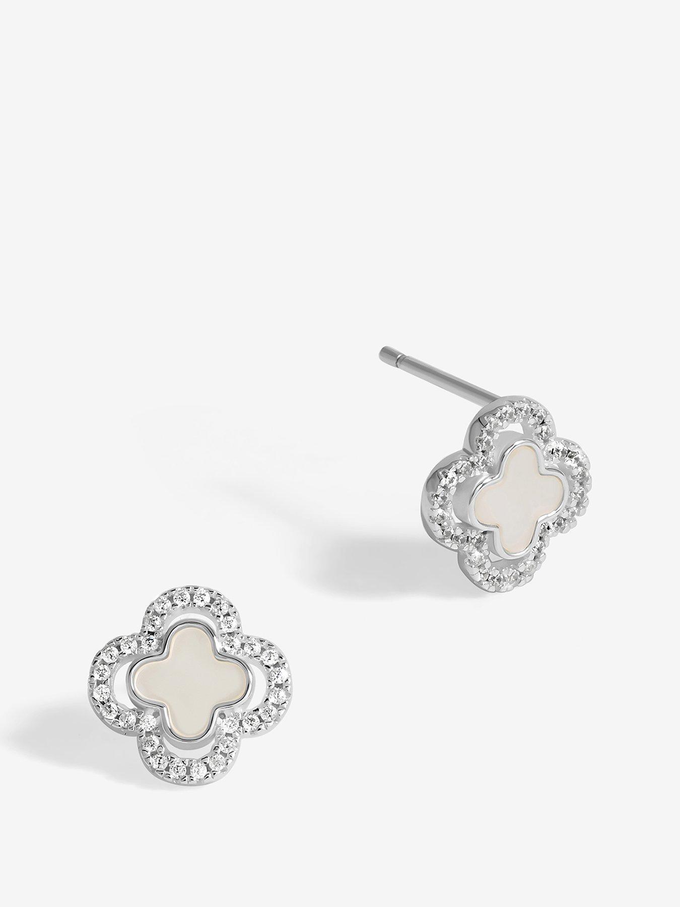 undefined Simply Silver Sterling Silver 925 Mother Of Pearl and Cubic Zirconia Clover stud Earrings