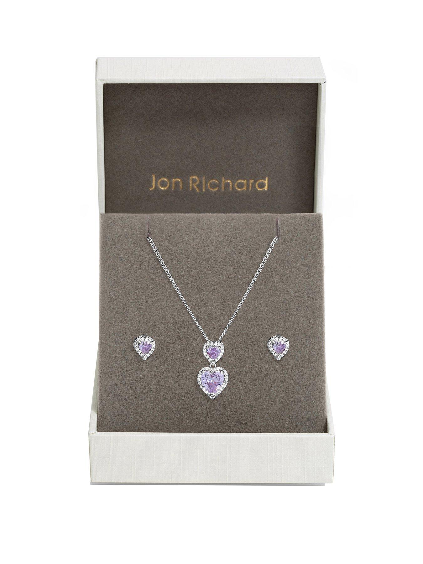 Image 1 of 4 of Jon Richard Jon Richard Rhodium Plated Cubic Zirconia Lavender Halo Ddouble Heart Set - Gift Boxed
