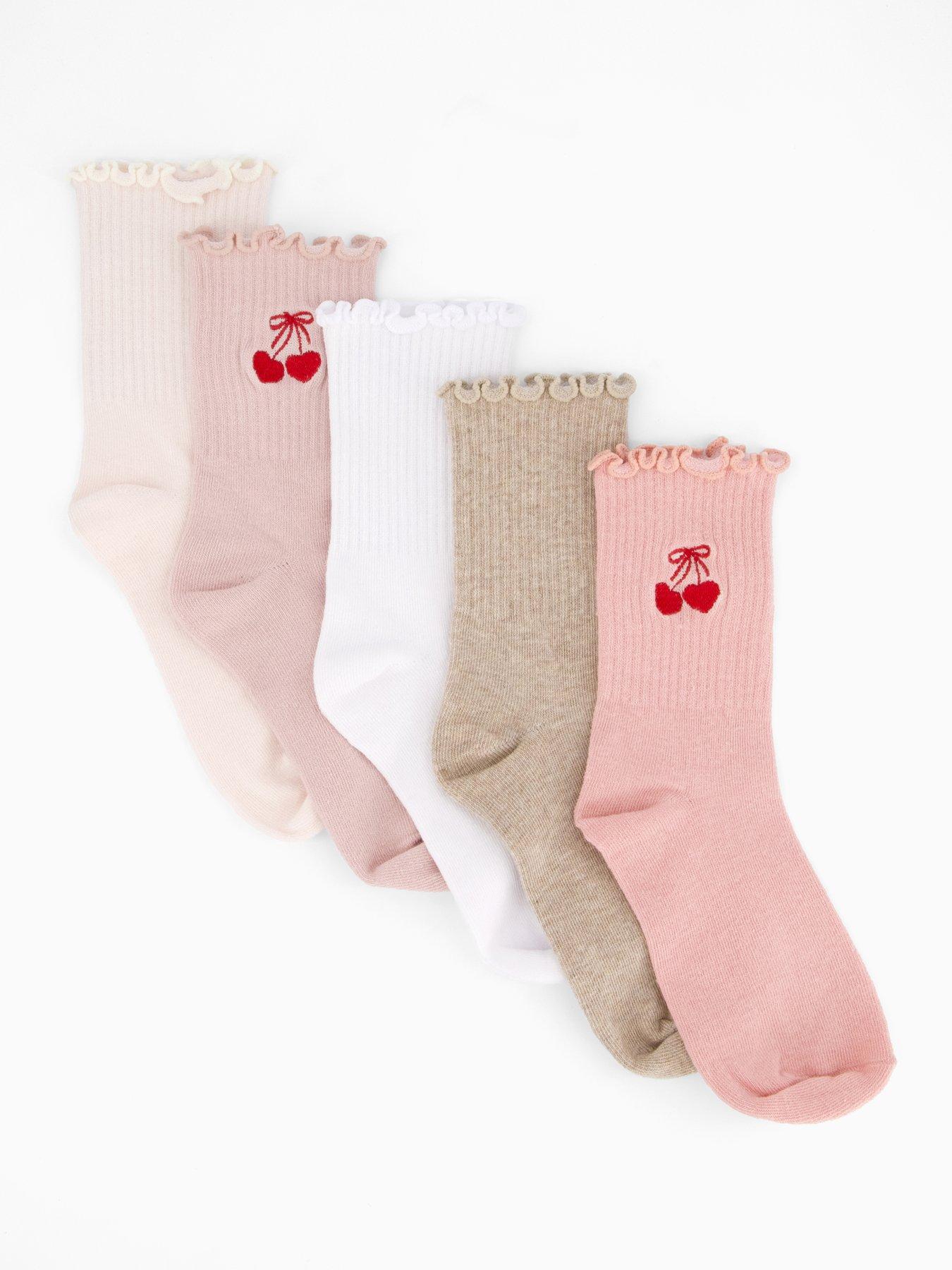 V by Very 5 Pack Embroidered Cherry Frill Socks - Pink