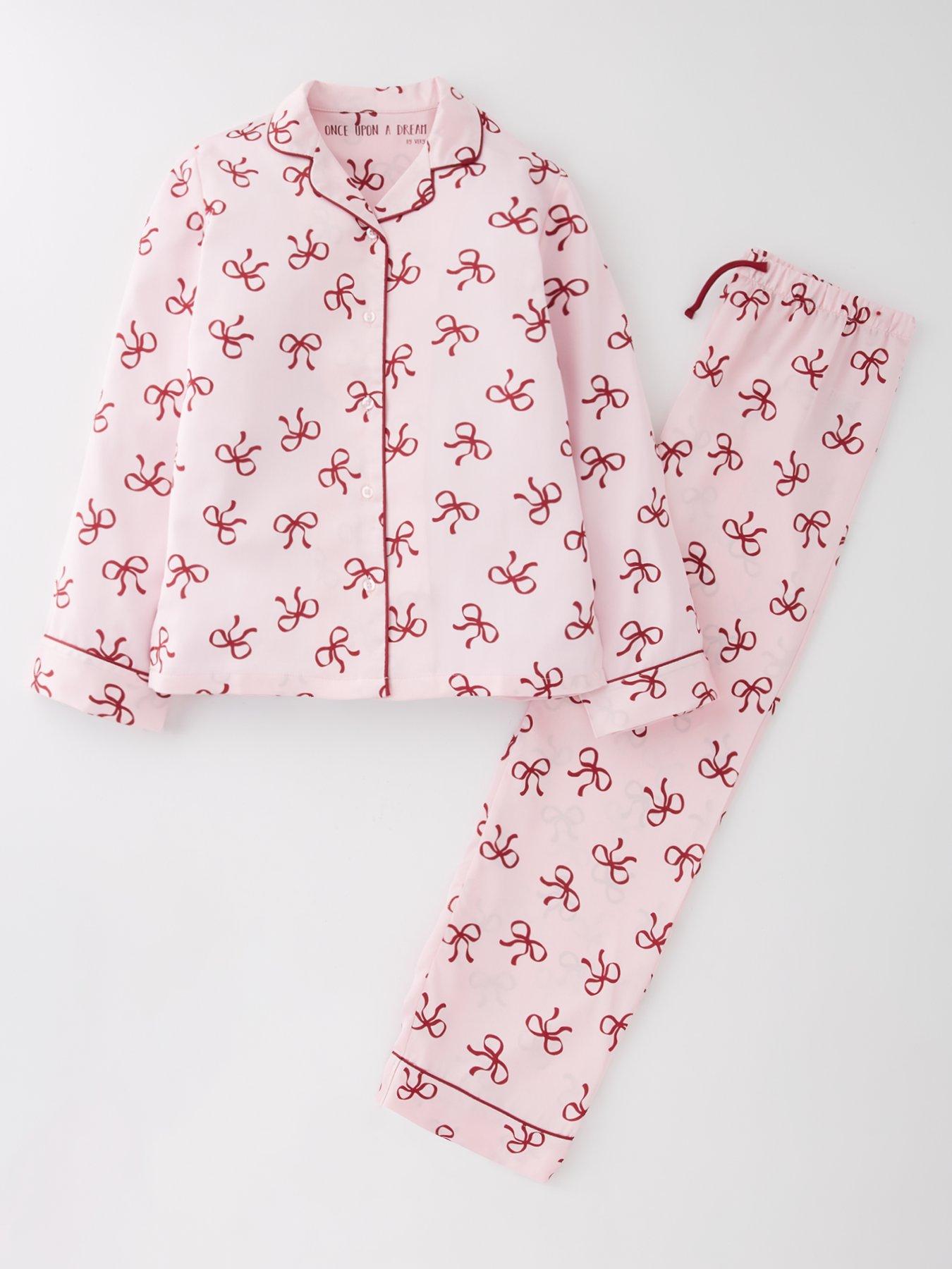 V by Very Girls Bow Satin Pyjama Set - Print
