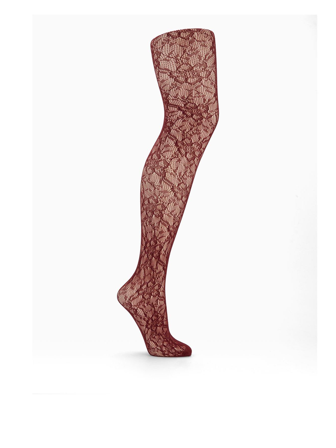 V by Very Burgundy Lace Floral Tights - Red