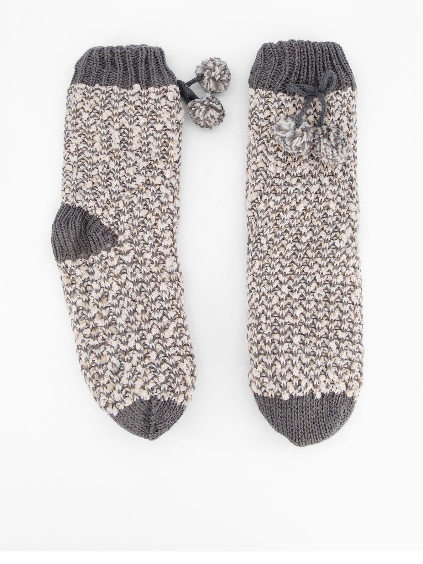 The Very Collection Cable Fleece Lined Socks With Pom Pom - Grey