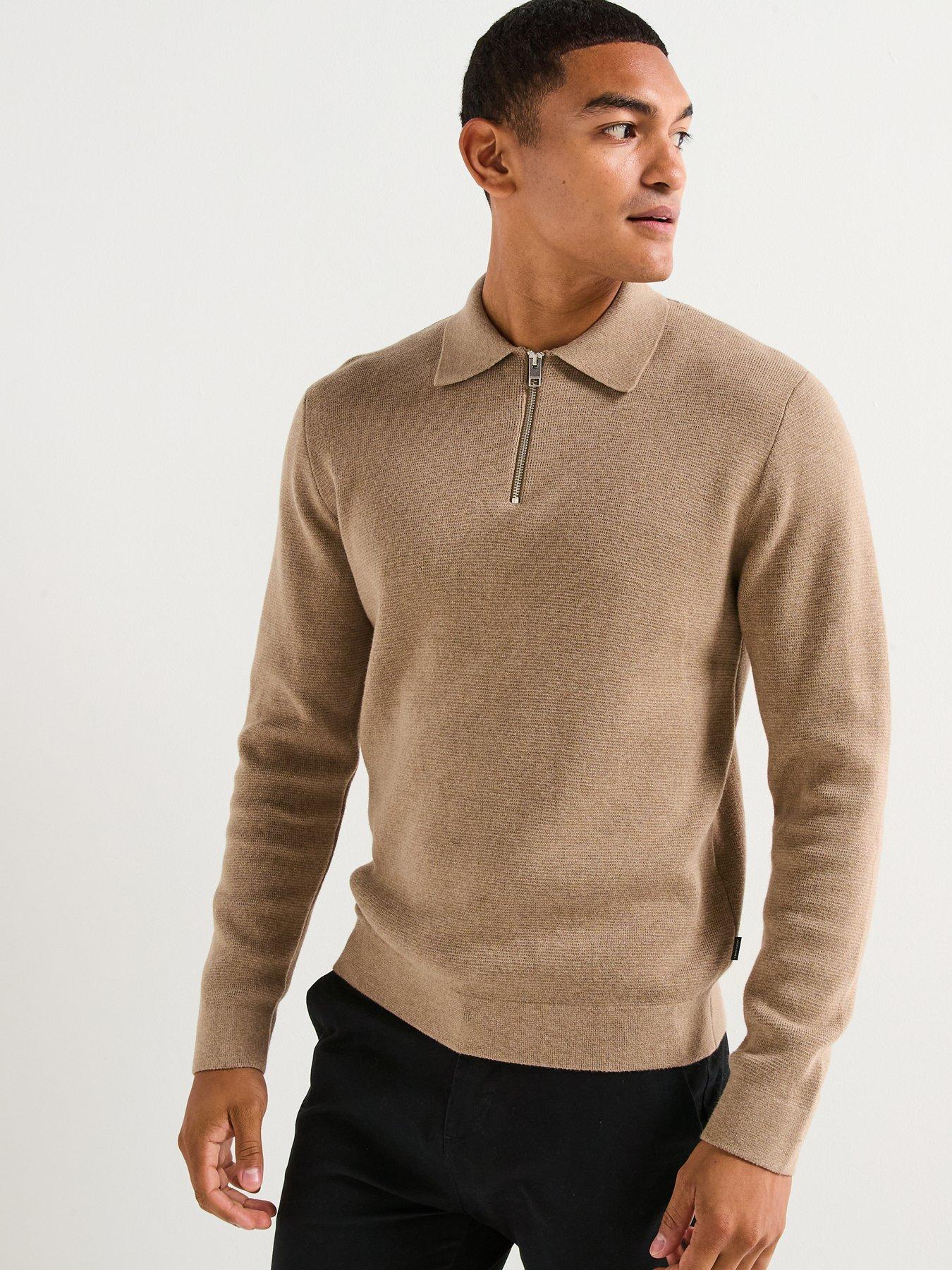 Jack & Jones Milano Stretch Quarter Zip Knitted Polo Shirt - Beige