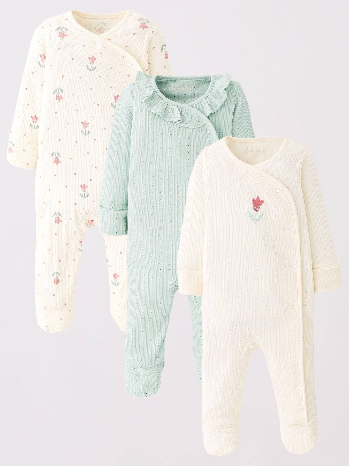 The Very Collection Baby Girls 3Pk Pointelle Floral Sleepsuits - Cream/Green