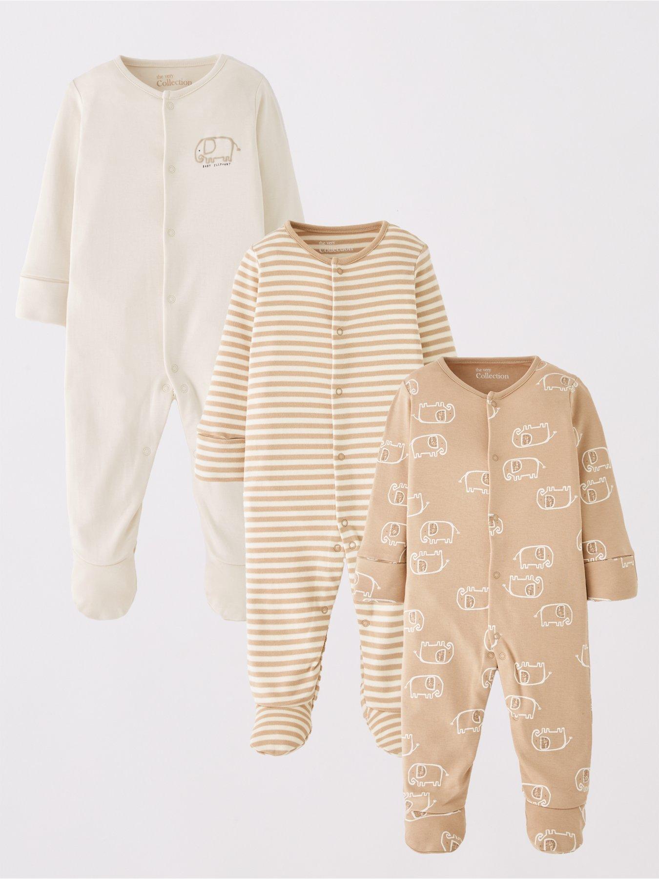 The Very Collection Unisex 3Pk Elephant Sleepsuits - Beige