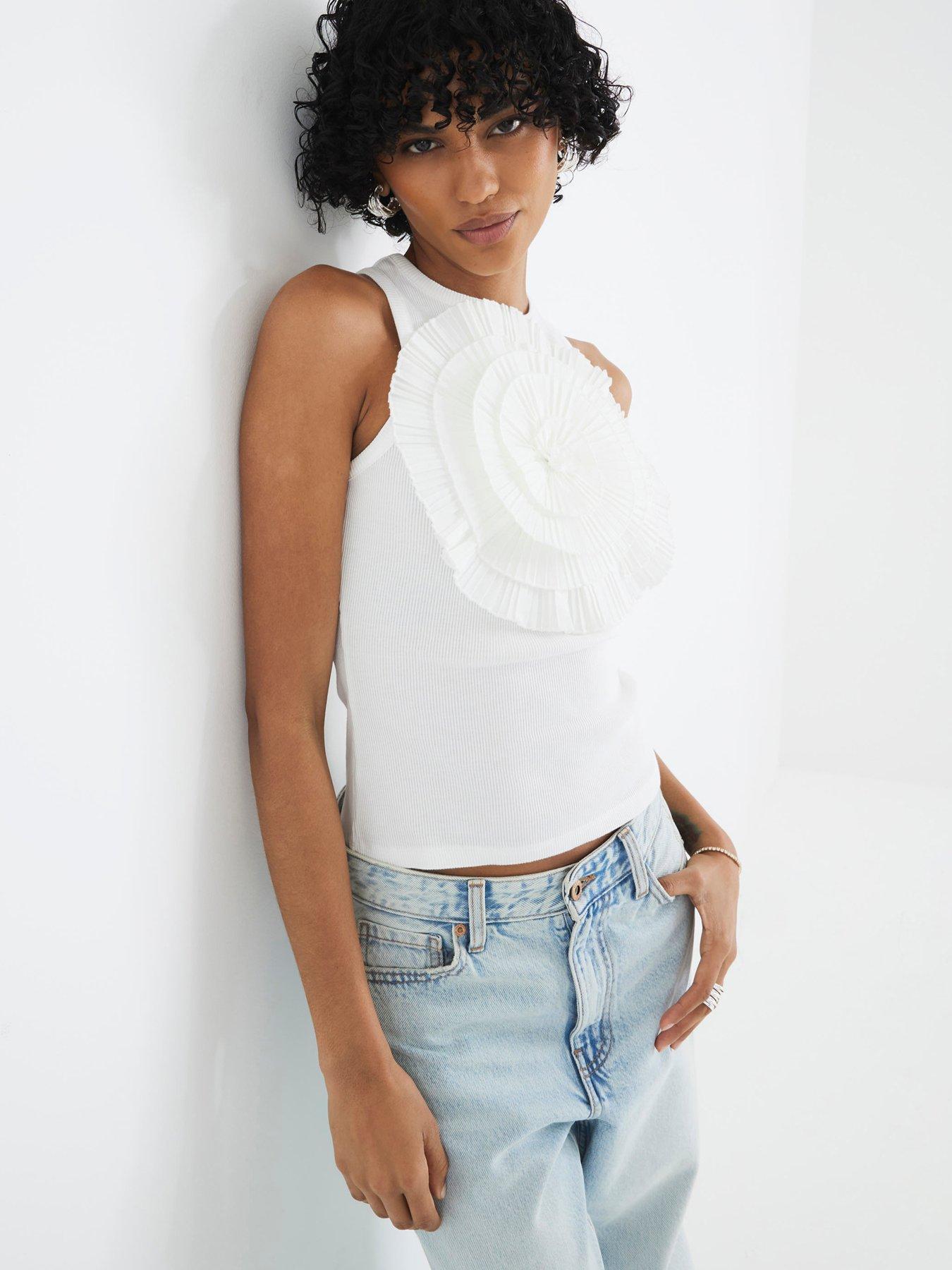River Island Ruffle 3D Floral Tank - White