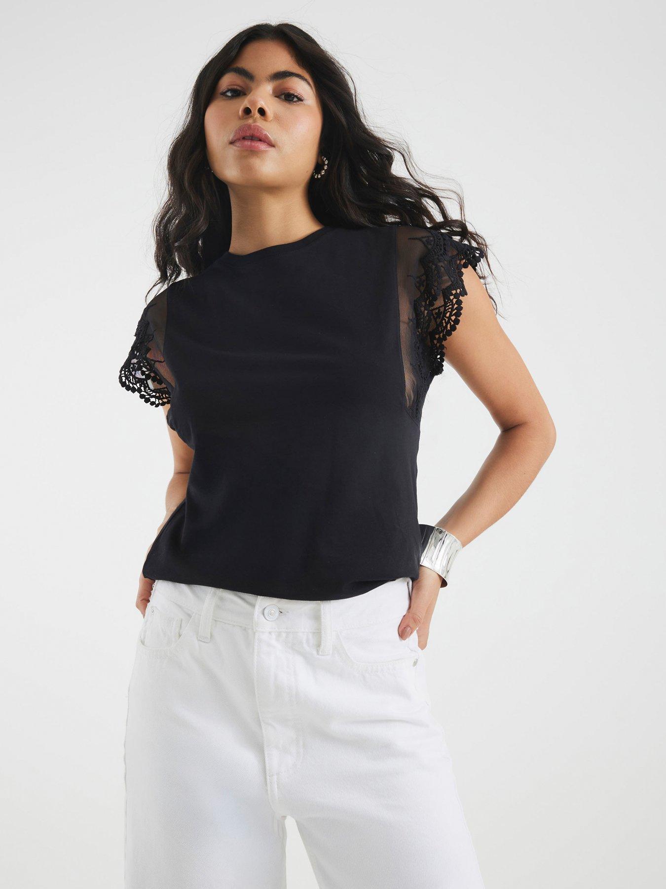 River Island Short Sleeve Lace Hybrid Sleeve Tee - Black