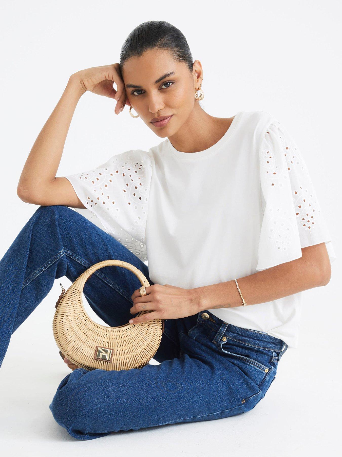 River Island Short Sleeve Broderie Sleeve T-shirt - White