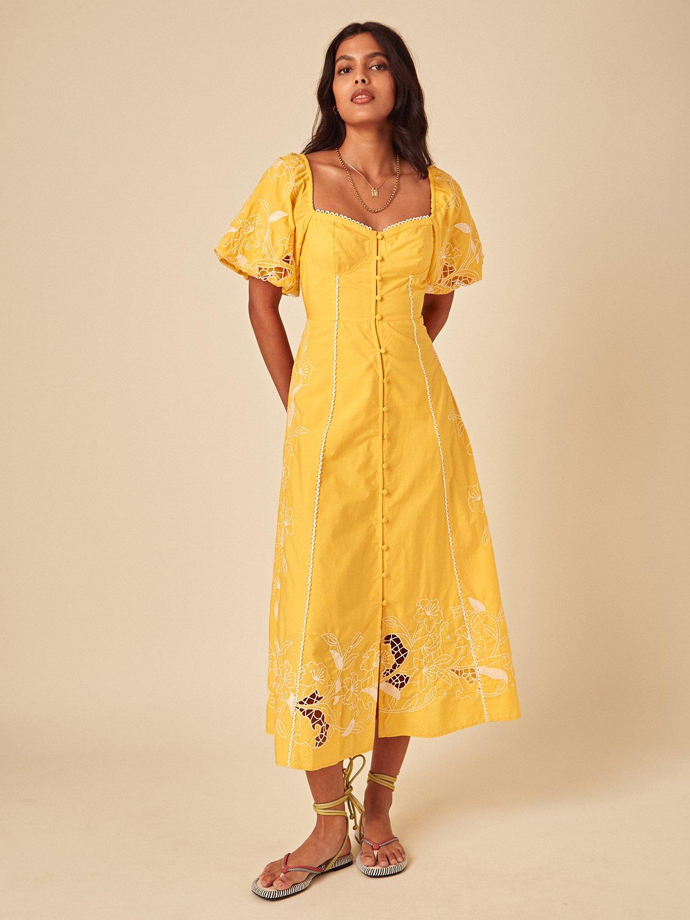 Nobodys Child Beatrix Midi Embroidered Dress - Yellow