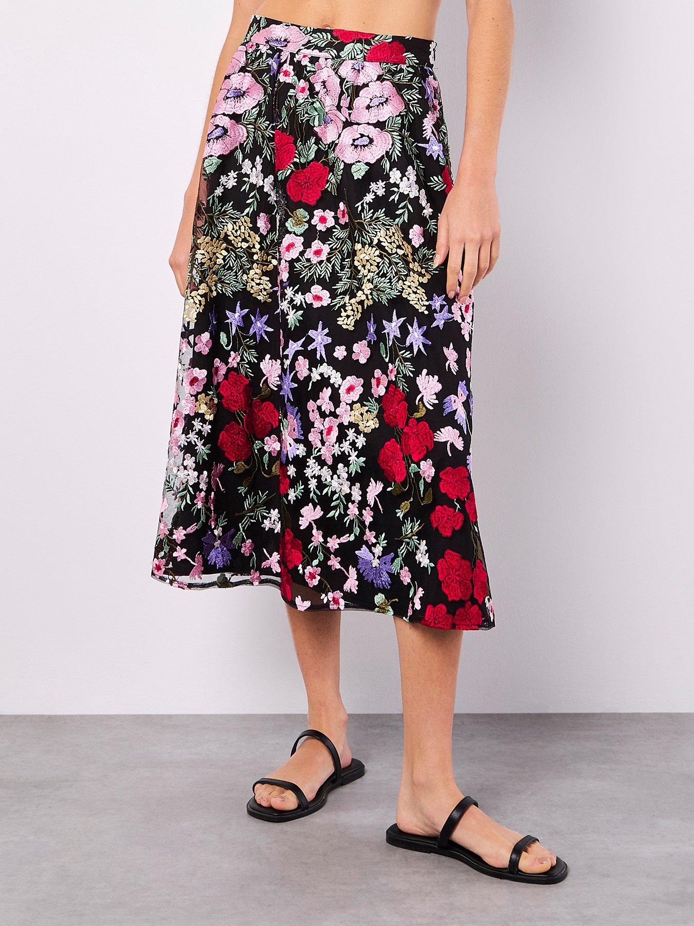 Image 1 of 4 of Apricot Floral Embroidered Midaxi Skirt - Black