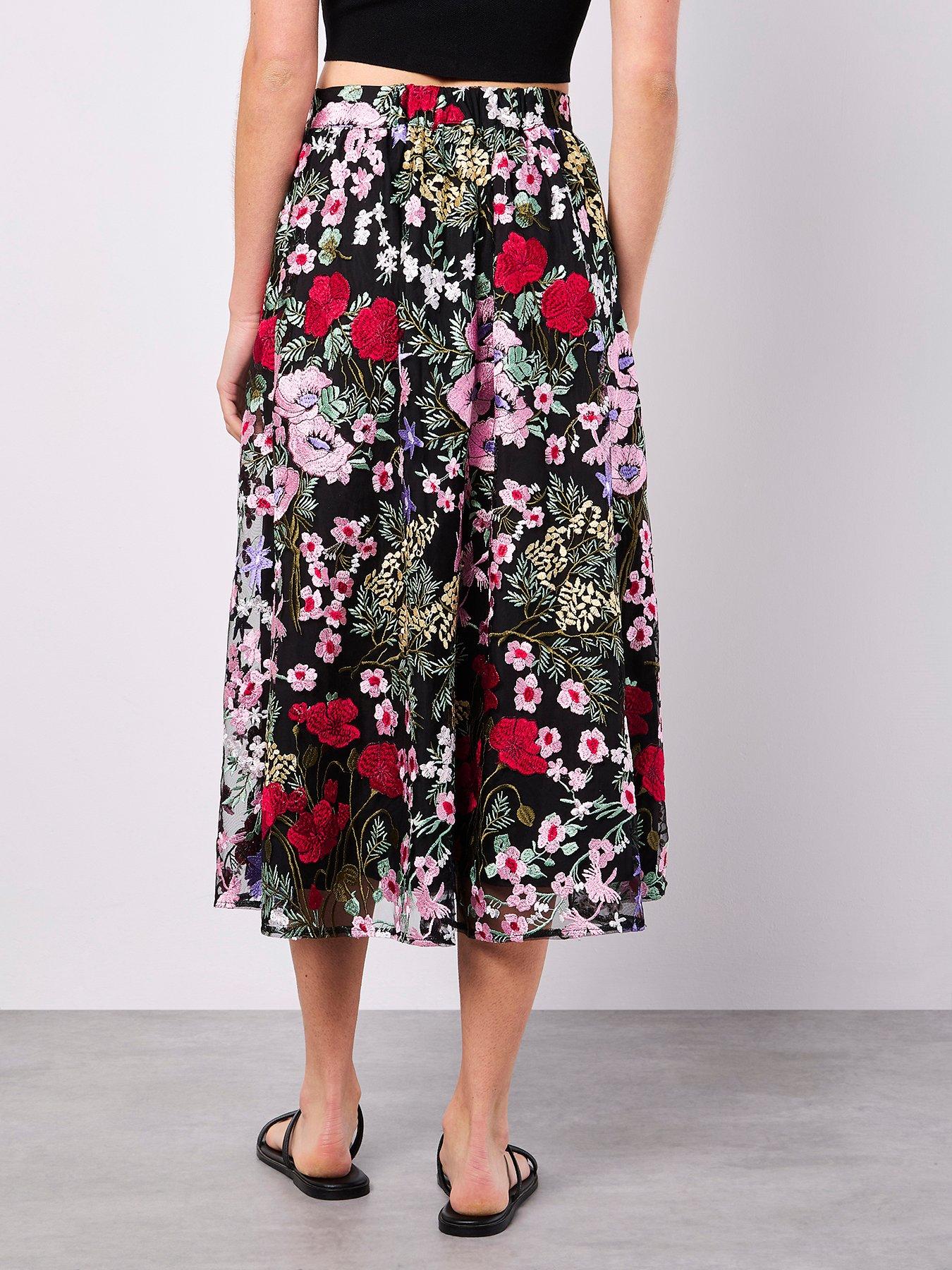 Image 2 of 4 of Apricot Floral Embroidered Midaxi Skirt - Black