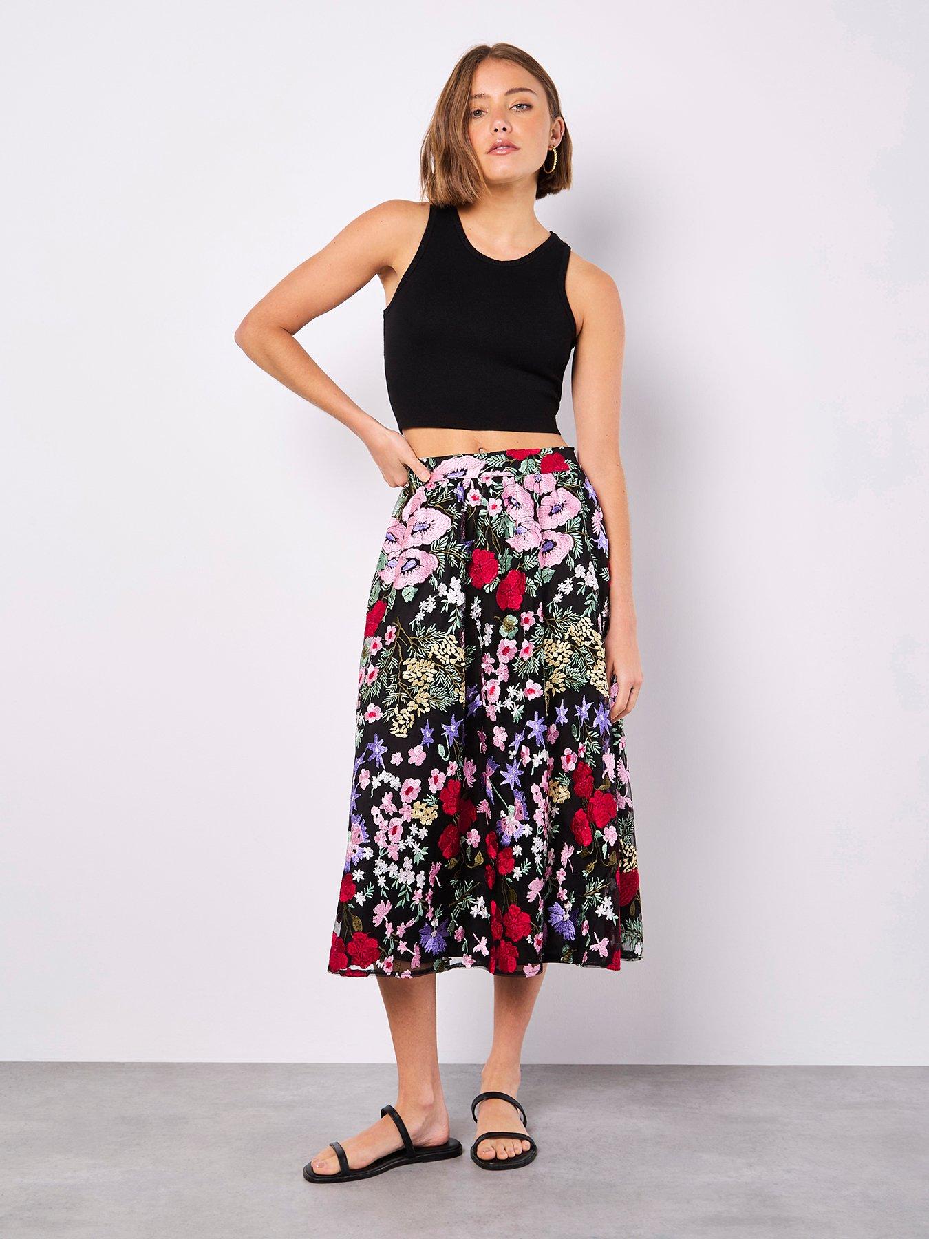 Image 3 of 4 of Apricot Floral Embroidered Midaxi Skirt - Black