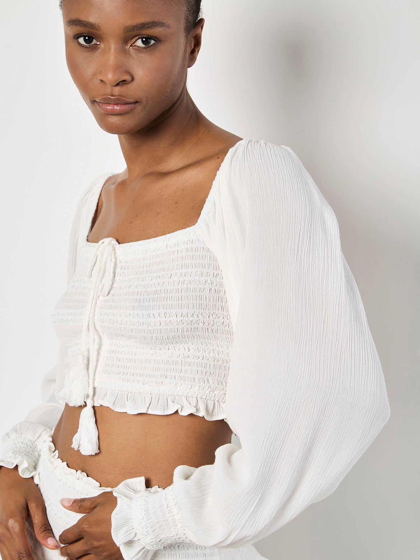 Image 4 of 5 of Apricot Smocked Tassle Crop L/sleeve Top