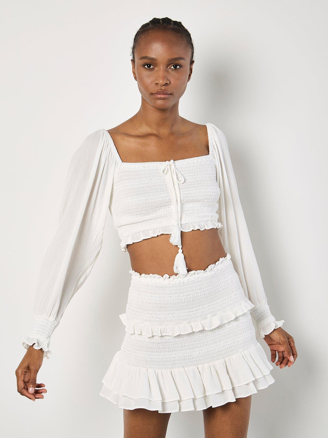 apricot-smocked-ruffle-detail-skirt-whiteoutfit