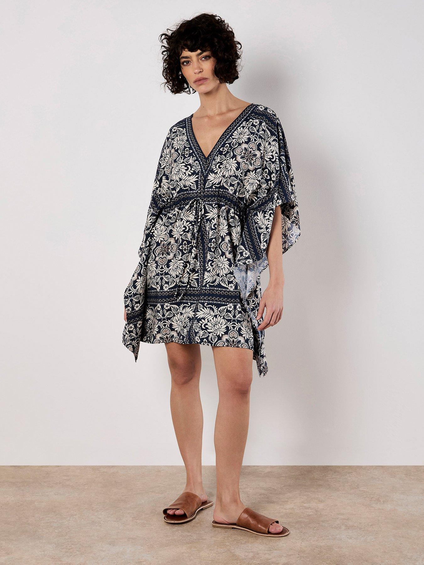 Image of Apricot Kimono Scarf Print Dress - Blue