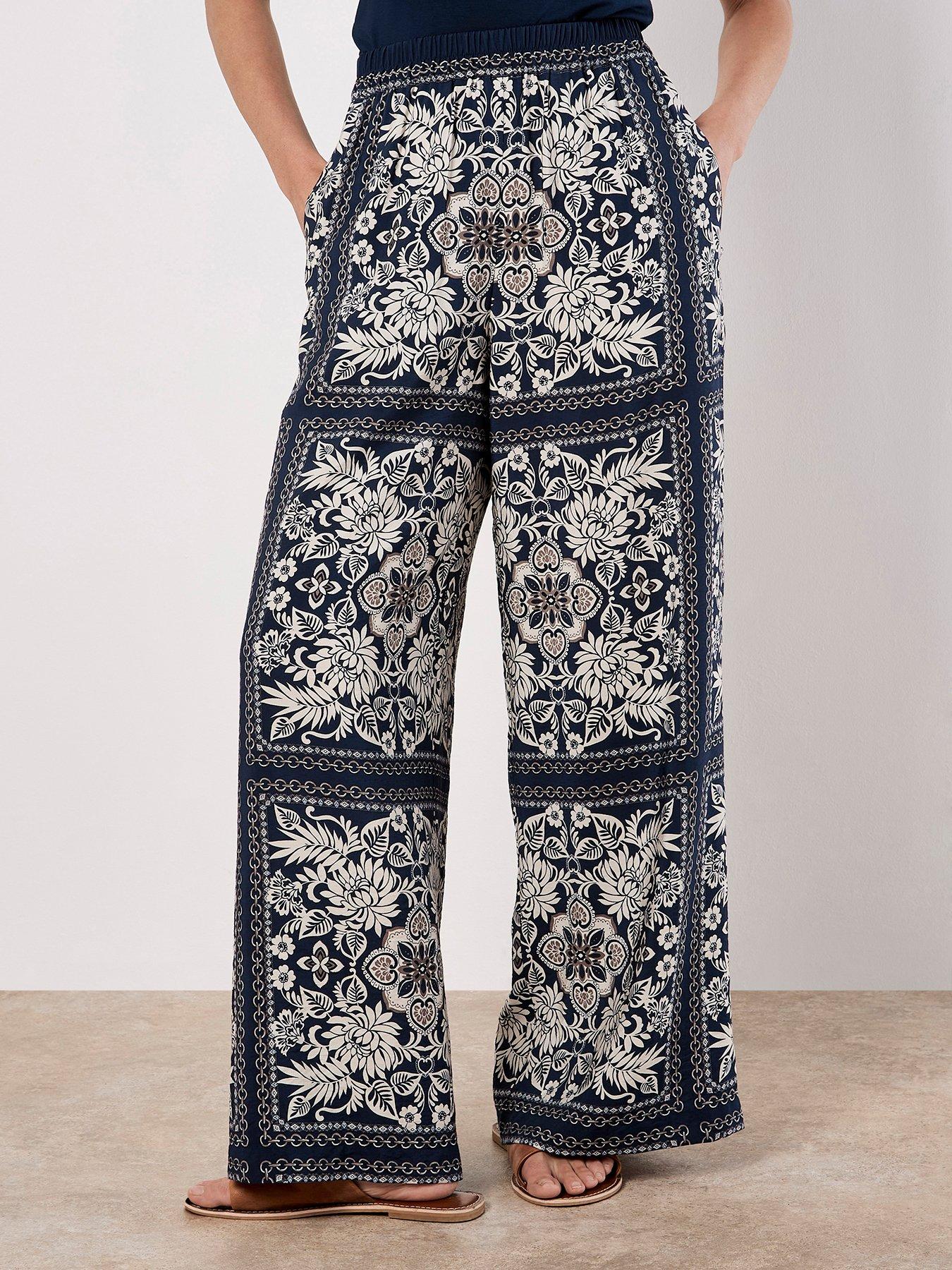 Image 1 of 6 of Apricot Kimono Scarf Print Flare Trousers - Blue