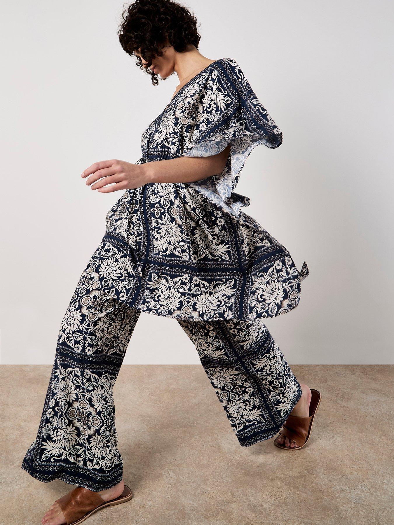 Image 4 of 6 of Apricot Kimono Scarf Print Flare Trousers - Blue